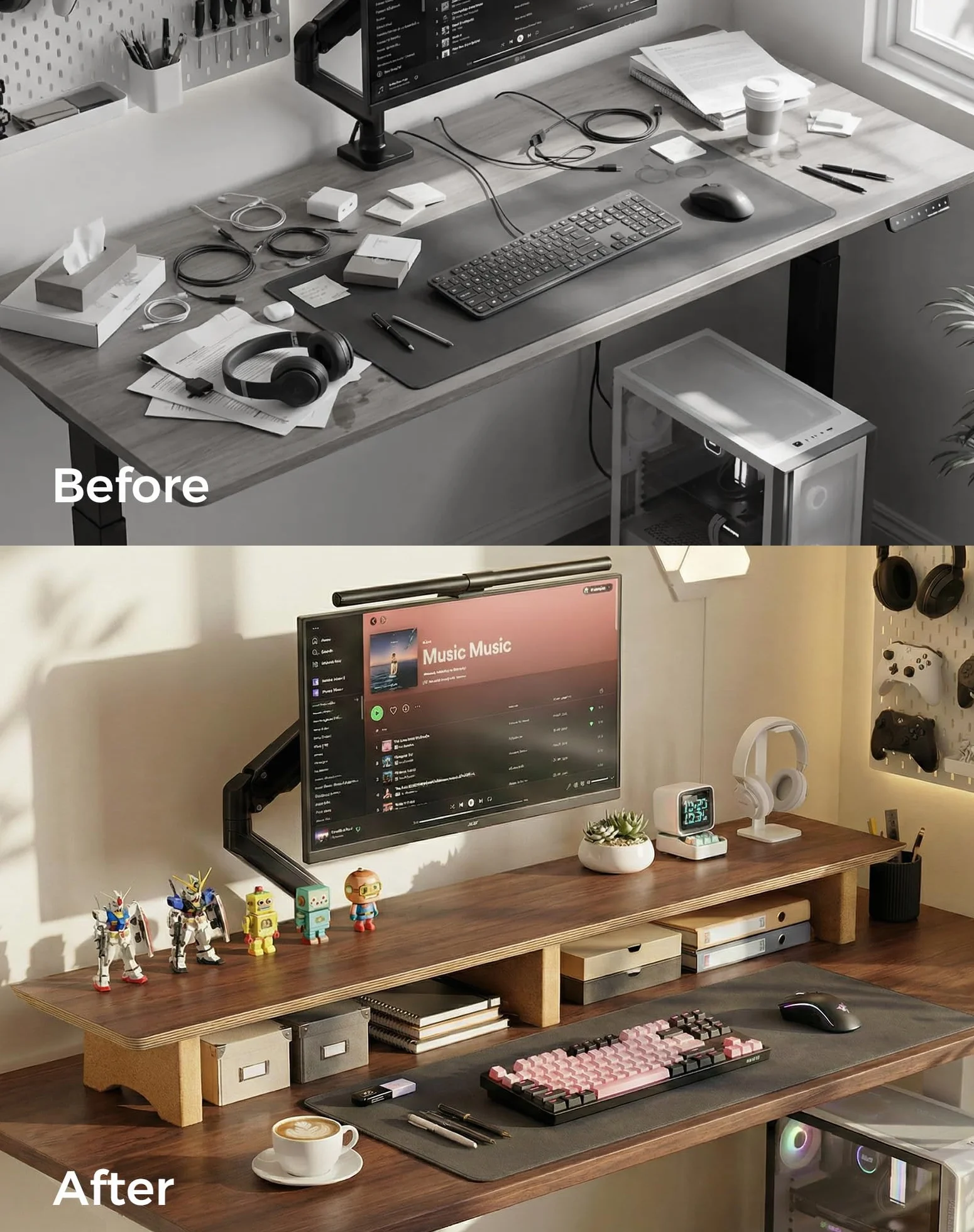 Aothia Duża podstawka pod monitor komputerowy, drewniana półka z ekologicznymi nóżkami korkowymi do ciężkich laptopów/komputerów/TV/PC, idealny organizer regałowy do biura/domu (orzech włoski, duża)