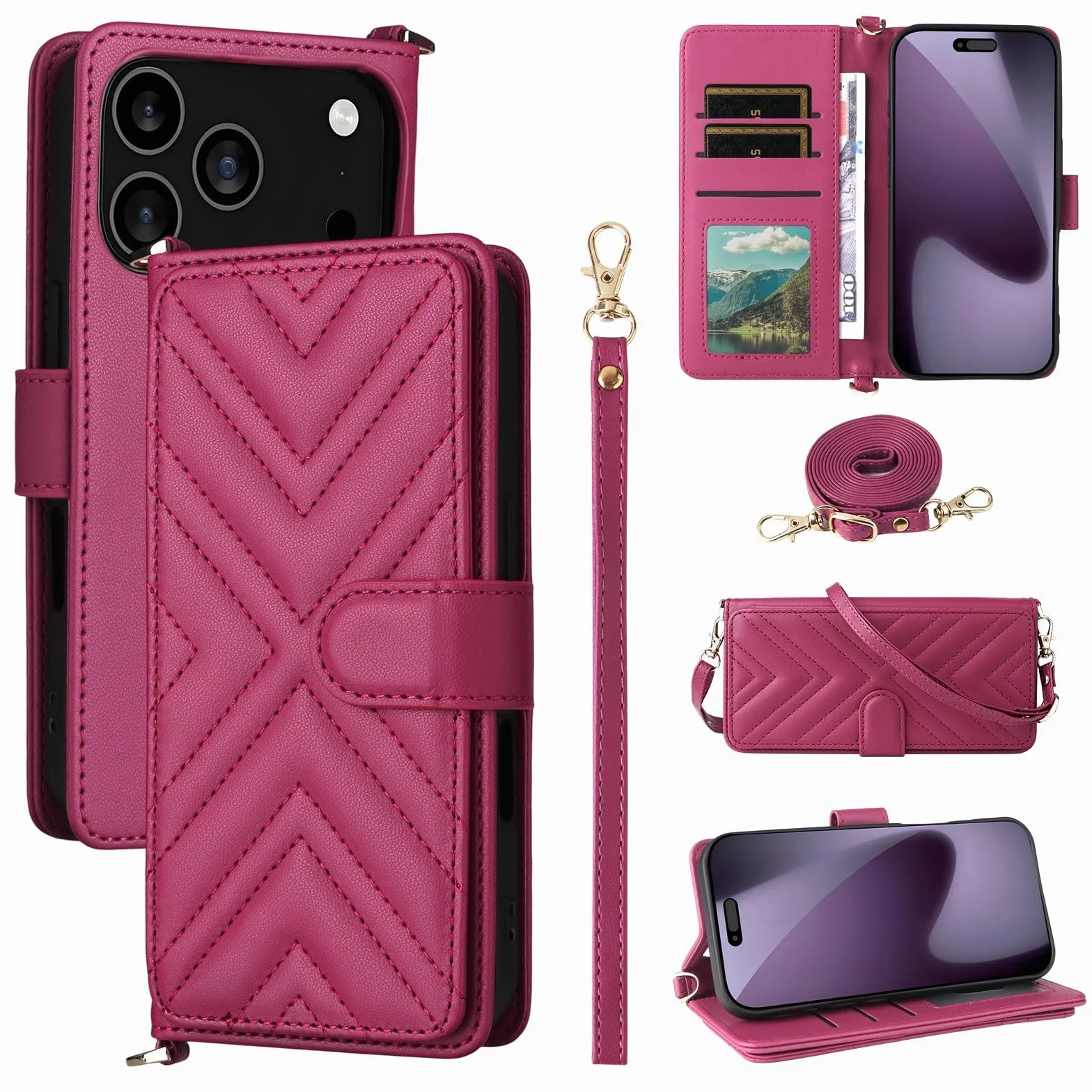 Generic etui kompatybilne z iPhone 15 (kolor: czarny) pasek skórzany portfel crossbody z klapką magnetyczne etui z tyłu
