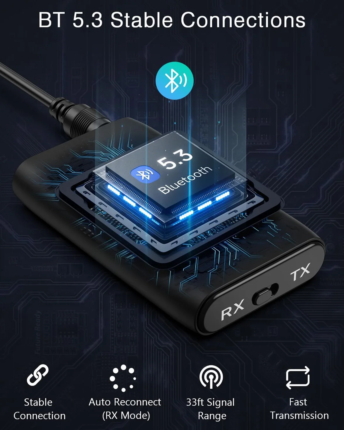 ORIA Samochodowy odbiornik Bluetooth, adapter Bluetooth 5.3, 2 w 1, pomocniczy adapter Bluetooth do samochodu, zestawu słuchawkowego, zestawu głośnomówiącego, ładowania USB