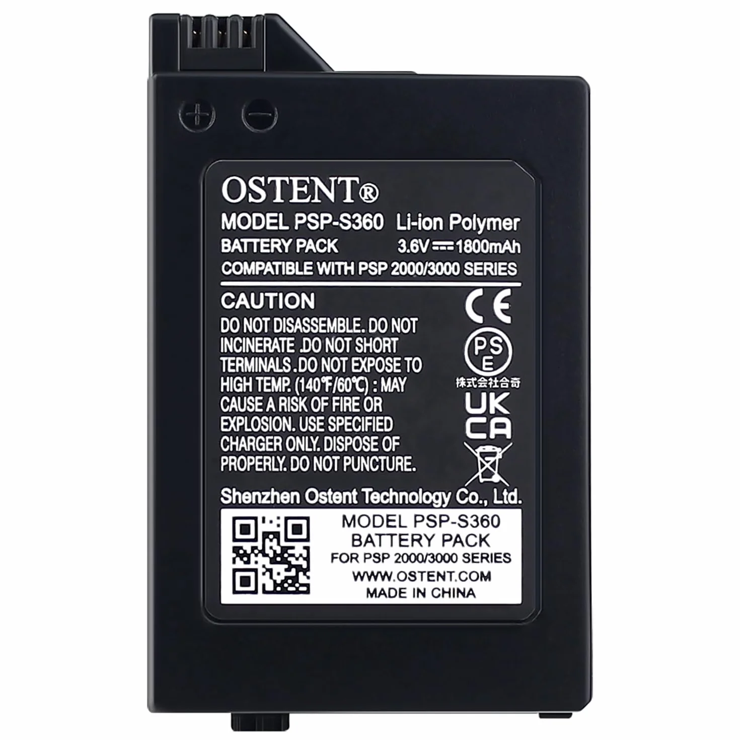 OSTENT Rzeczywista Pojemność 1800 mAh Akumulator litowo-jonowy Polimerowy 3,6 V Zamiennik dla konsoli Sony PSP serii 2000/3000 (model PSP-S360)