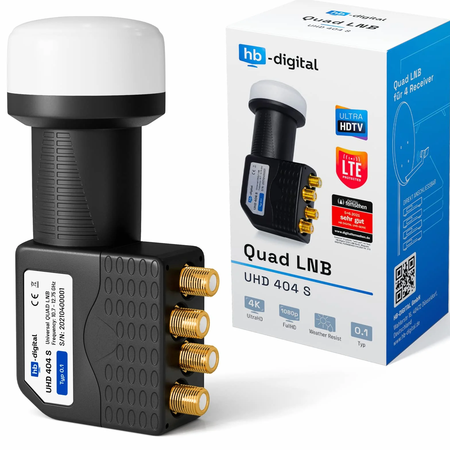 HB-DIGITAL Quad LNB LNC 4 uczestników bezpośredni ✨ Full HD TV 3D 4K czarny Black ■ styki pozłacane ■ ochrona przed warunkami atmosferycznymi (wyciągana)