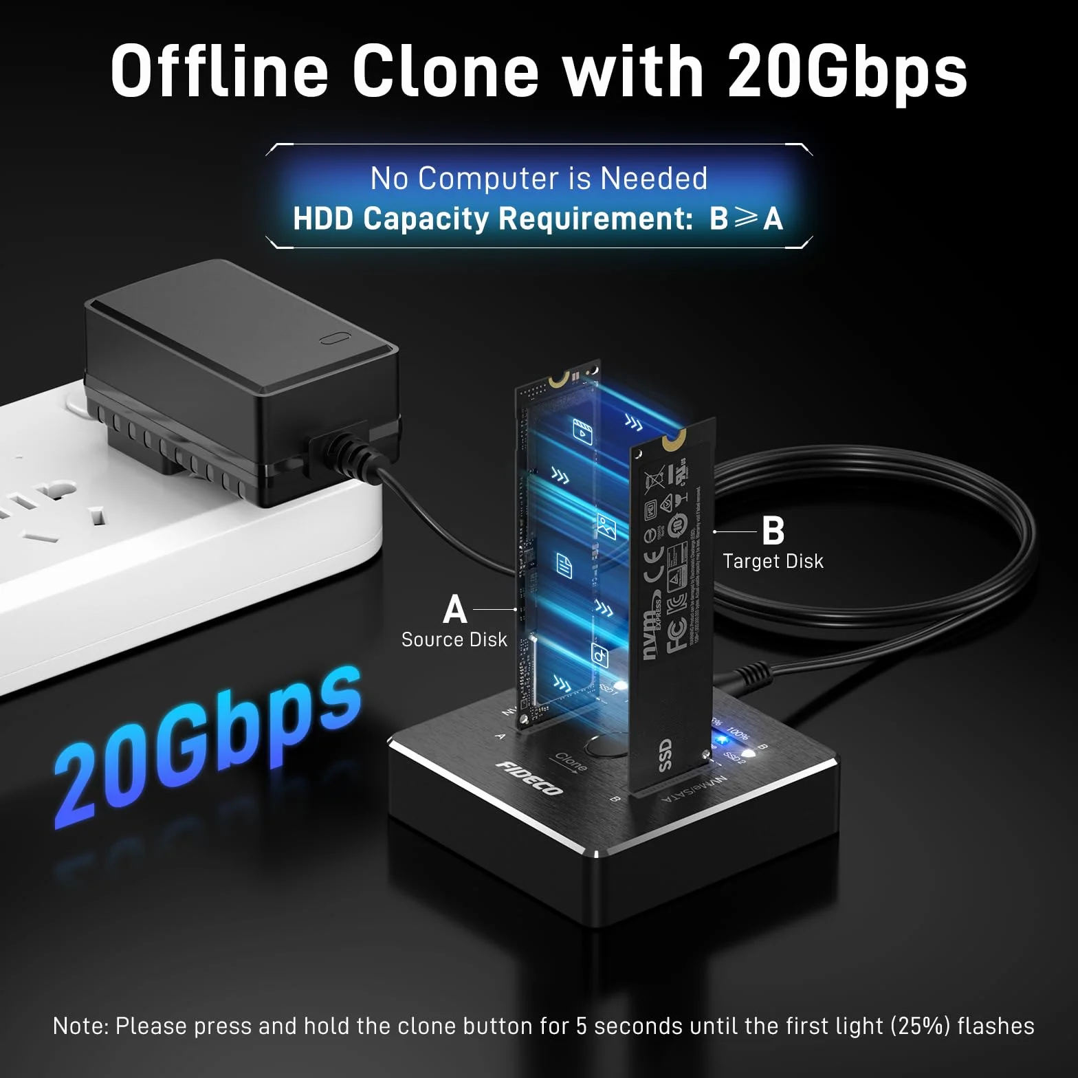 FIDECO Stacja dokująca M.2 NVMe SATA SSD, USB 3.2 Gen 2, podwójna stacja dokująca NVMe SATA SSD 20 Gb/s, obsługa klonu offline, UASP i TRIM, aluminiowa konstrukcja