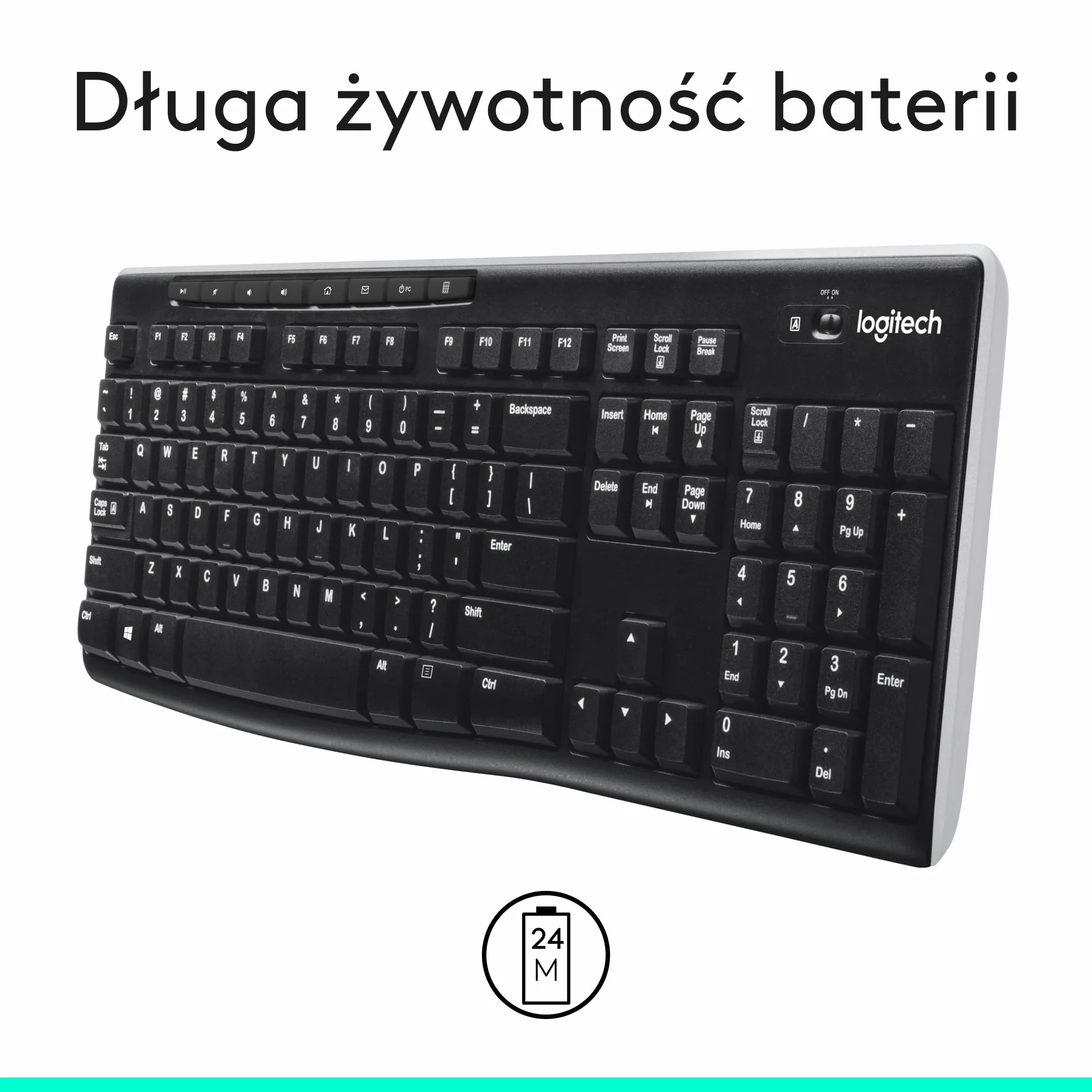Logitech K270 Klawiatura Bezprzewodowa 2.4 GHz, pełnowymiarowa, 8 klawiszy multimedialnych, 2 lata pracy na baterii, zgodna z komputerem PC/laptopem z Windows, QWERTY układ US international - Czarny