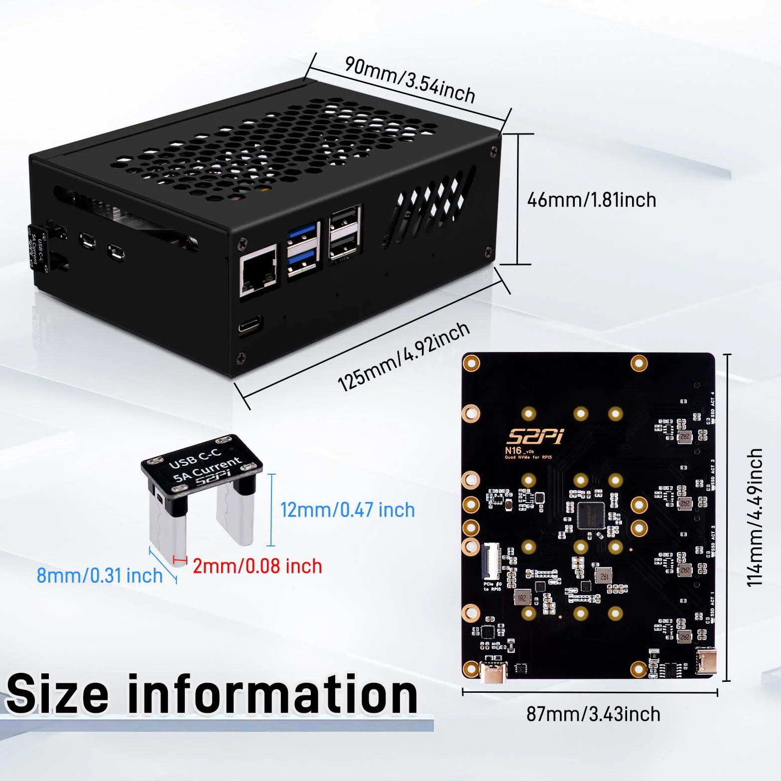 GeeekPi N16 Quad M.2 M-Key NVMe SSD HAT z metalową obudową i aktywnym chłodzeniem dla Raspberry Pi 5, obsługuje dyski SSD M.2 NVMe M-Key 2230/2242/2260/2280