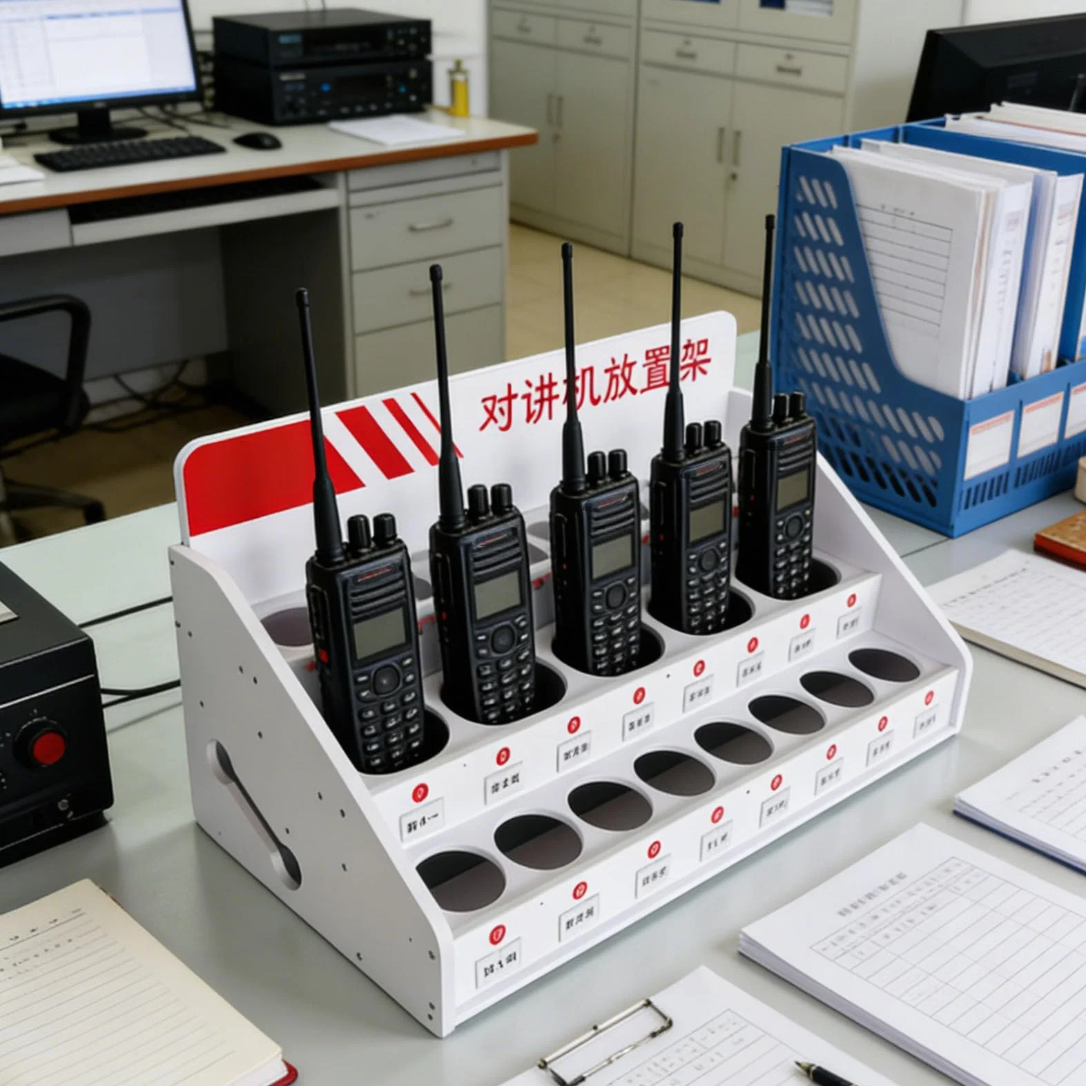 Wytrzymały uchwyt na krótkofalówkę, uniwersalny organizer na radiotelefony, stojak z wieloma gniazdami do przechowywania mikrofonów, przenośny stojak do ładowania radiotelefonów do