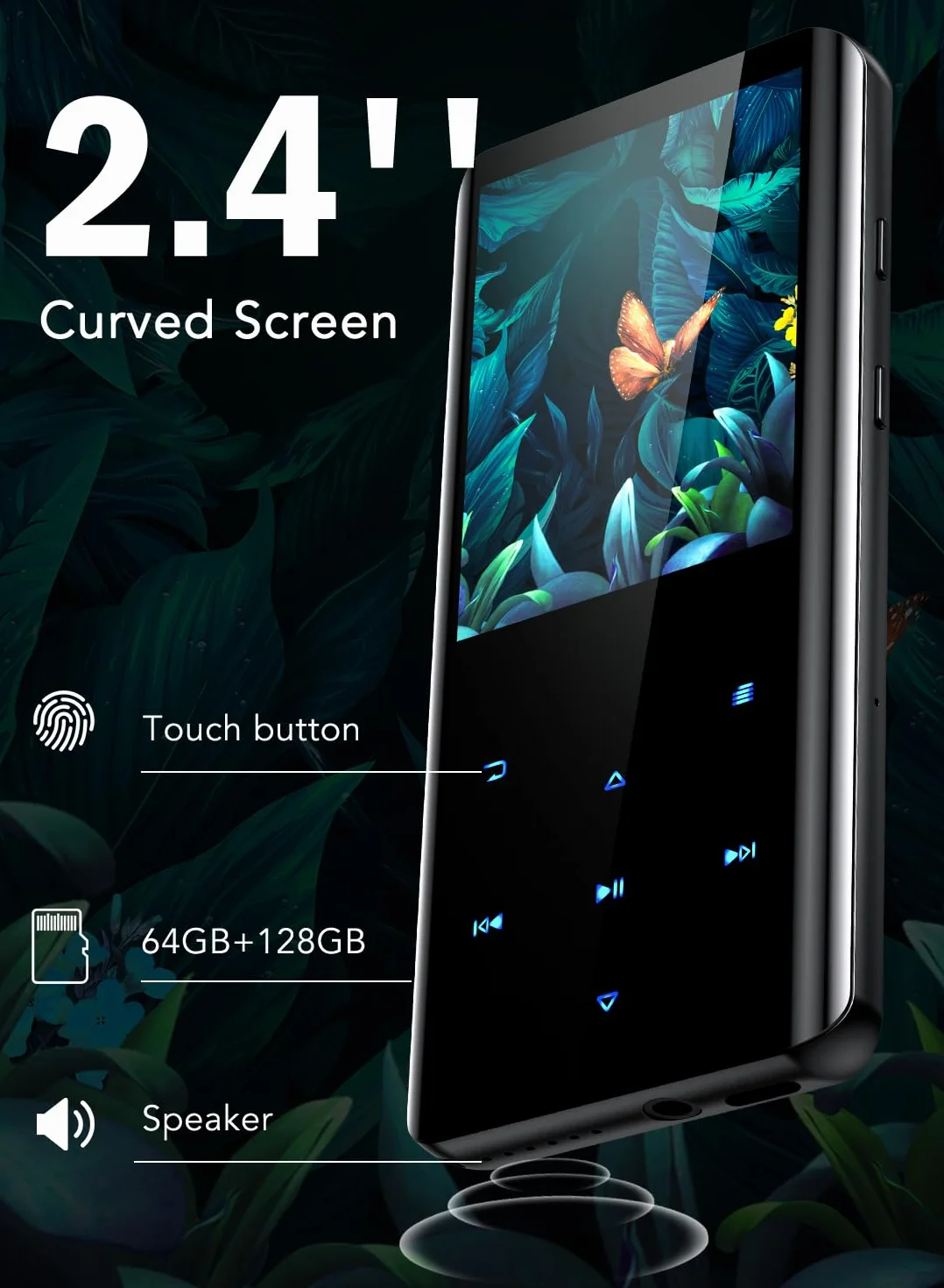 AGPTEK Odtwarzacz MP3 64 GB, Bluetooth 5.3, kolorowy ekran TFT 2,4 cala, muzyka HiFi z głośnikiem, przyciski dotykowe, radio FM, e-book, nagrywanie, timer snu, obsługa do 128 GB, czarny