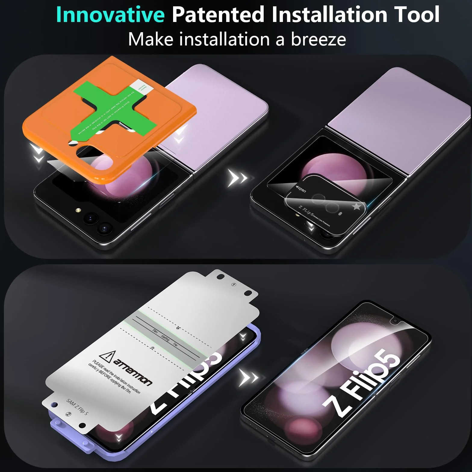 YWXTW Ulepszone narzędzie wyrównujące 2023 do Samsung Galaxy Z Flip 5, 2 sztuki wewnętrznego miękkiego EPU + 2 szt. przednich szkła hartowanego + 2 szt. metalowych ochraniaczy obiektywu aparatu,