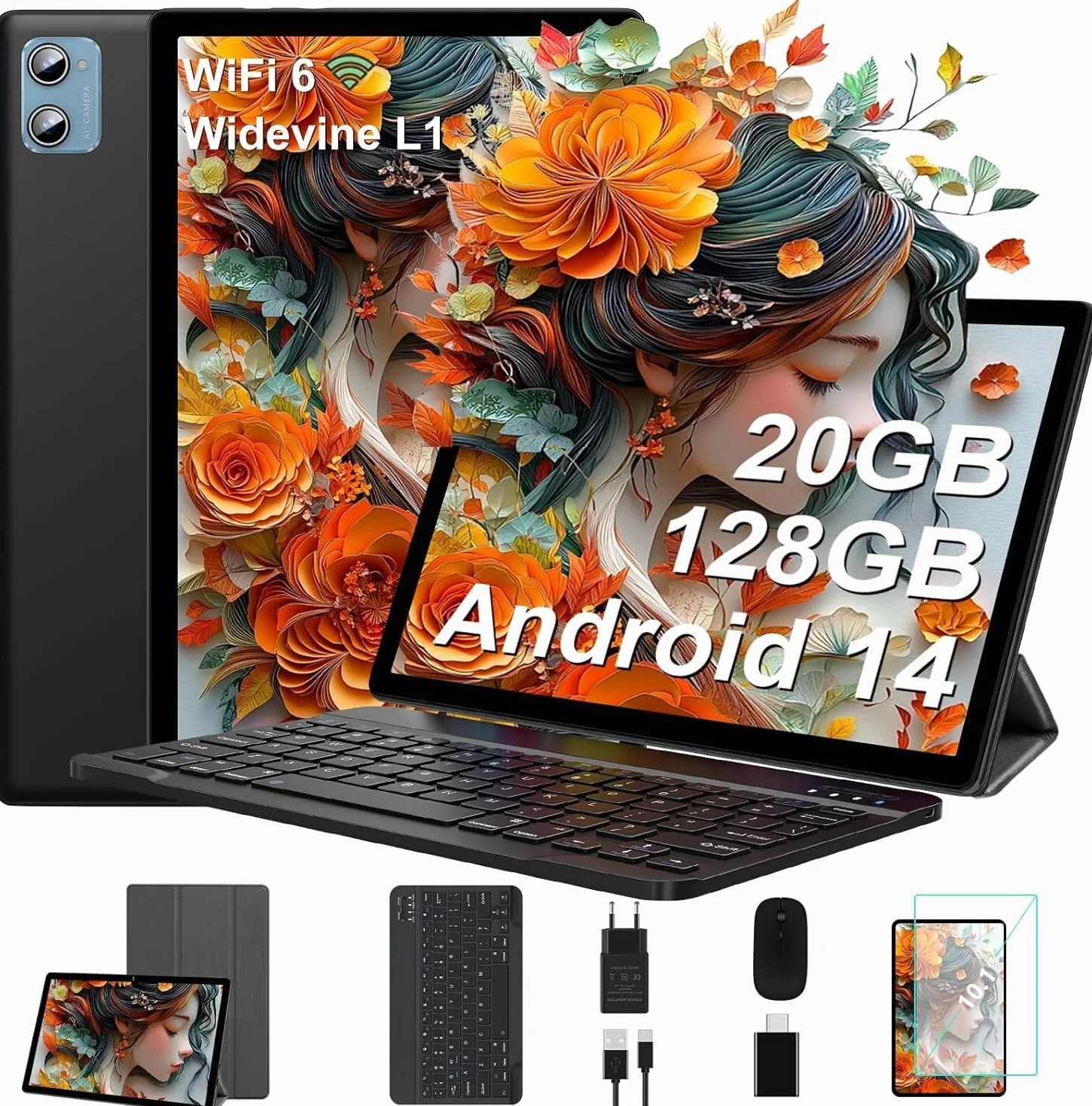 2025 10-calowy tablet z systemem Android 14, 20 GB pamięci RAM + 128 GB pamięci ROM, 8-rdzeniowy procesor 2,0 GHz, WiFi 6, Widevine L1, tablet dotykowy z etui|klawiatura|mysz
