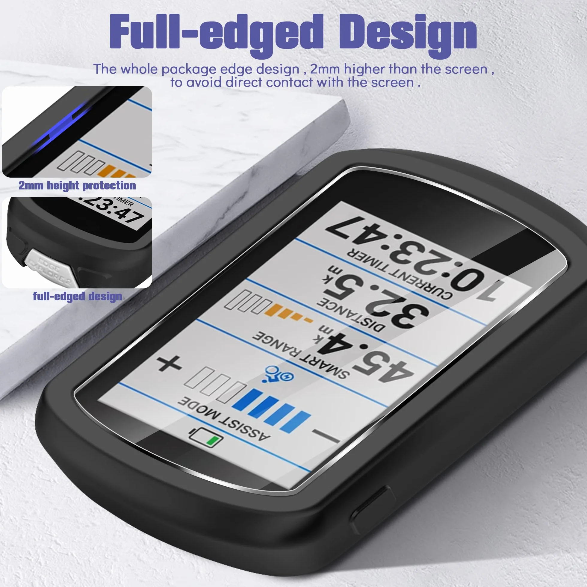 Silikonowe etui kompatybilne z Garmin Edge Explore 2 + 2 osłony ekranu ze szkła hartowanego, miękkie, odporne na wstrząsy, kompleksowa ochrona, czarne