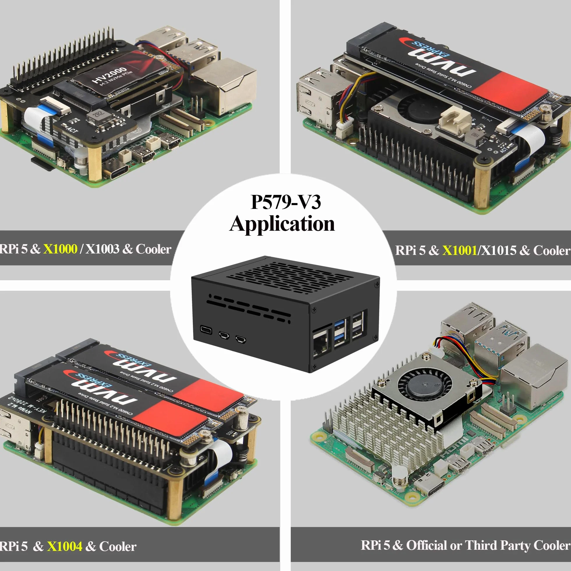 Geekworm Raspberry Pi 5 Case P579 Support PCIe M.2 NVMe SSD Shield X1001 X1004 X1003 X1012 X1015 X1000 M901 M300 Active Cooler