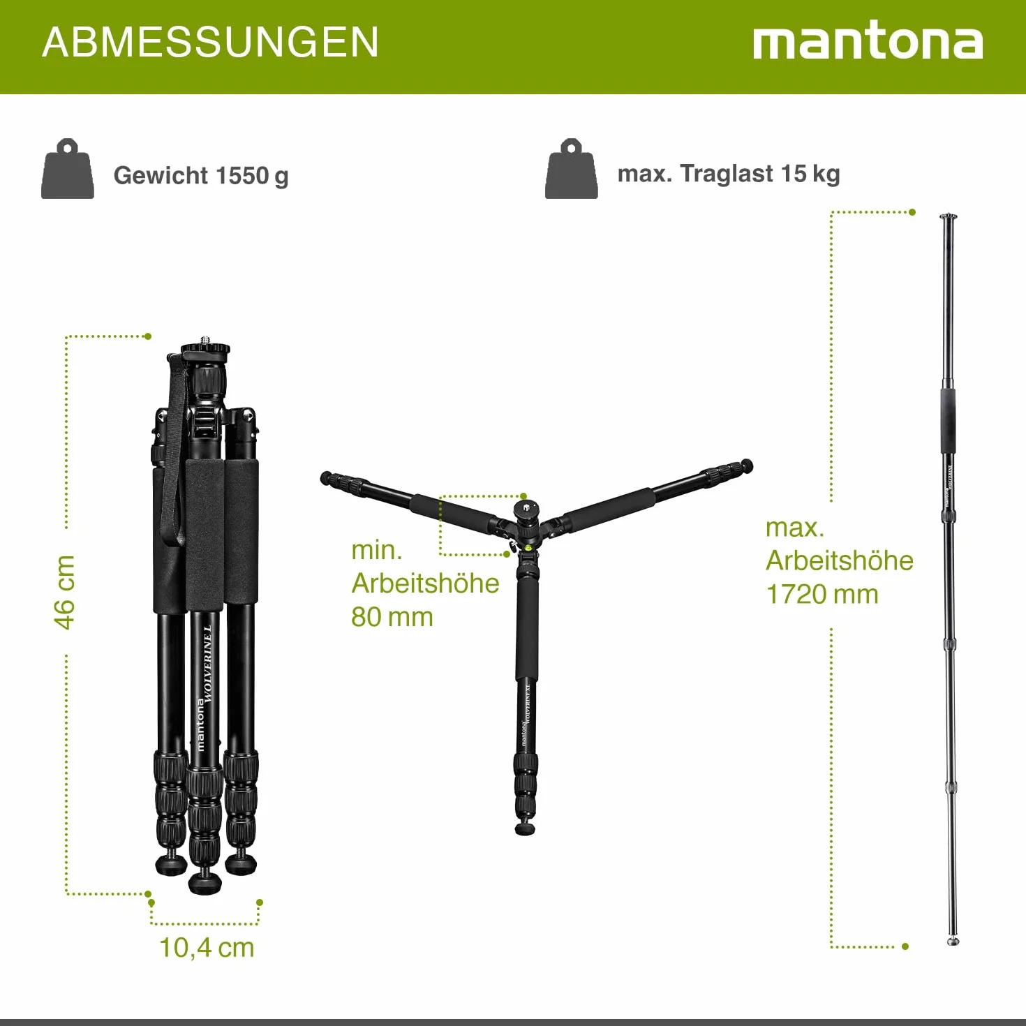 Mantona Wolverine L 284 statyw do aparatu, aluminium, statyw fotograficzny do 15 kg, regulacja wysokości do 166 cm, statyw z kolcami, ważką, lampa LED, może być używany jako statyw trójnożny i