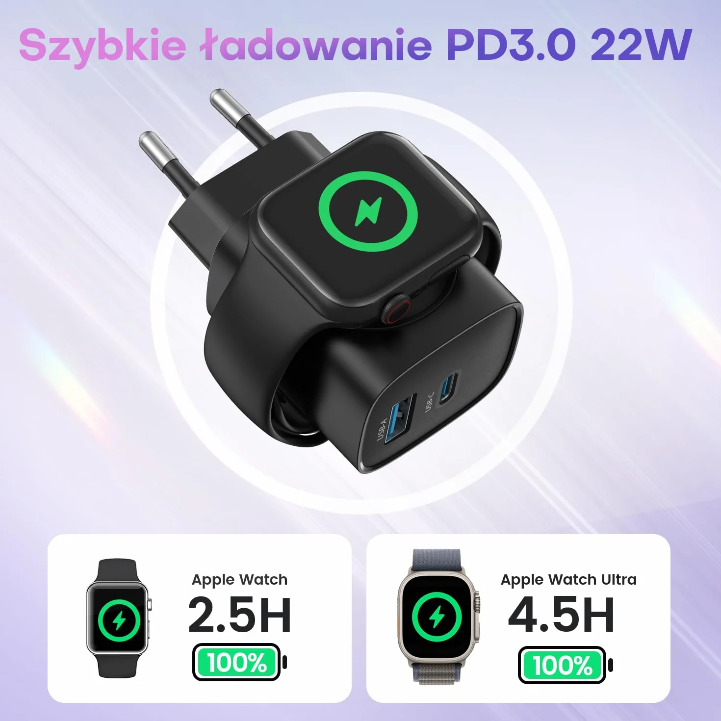 Ładowarka do Apple Watch, ładowarka USB C 3 w 1 20 W doiPhone'a PD 3.0, szybka ładowarka do Apple Watch 9/8/7/6/Ultra/SE, kabel ładujący USB C doiPhone'a 15/15 Pro Max, doiPada, Czarny