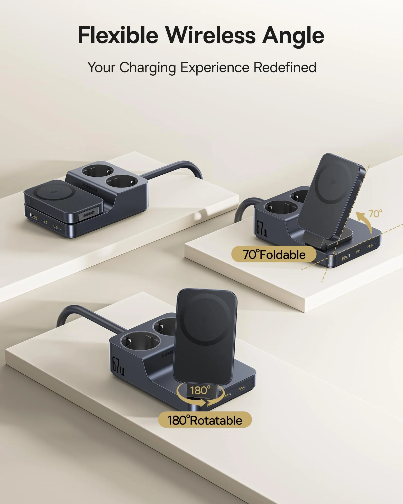 Baseus Nomos 67W listwa USB-C, gniazdko ładowania z ładowaniem magnetycznym Qi2, przenośna ładowarka PD do MacBooka, iPada, iPhone’a 16/15, Galaxy S25 Ultra, do domu i podróży
