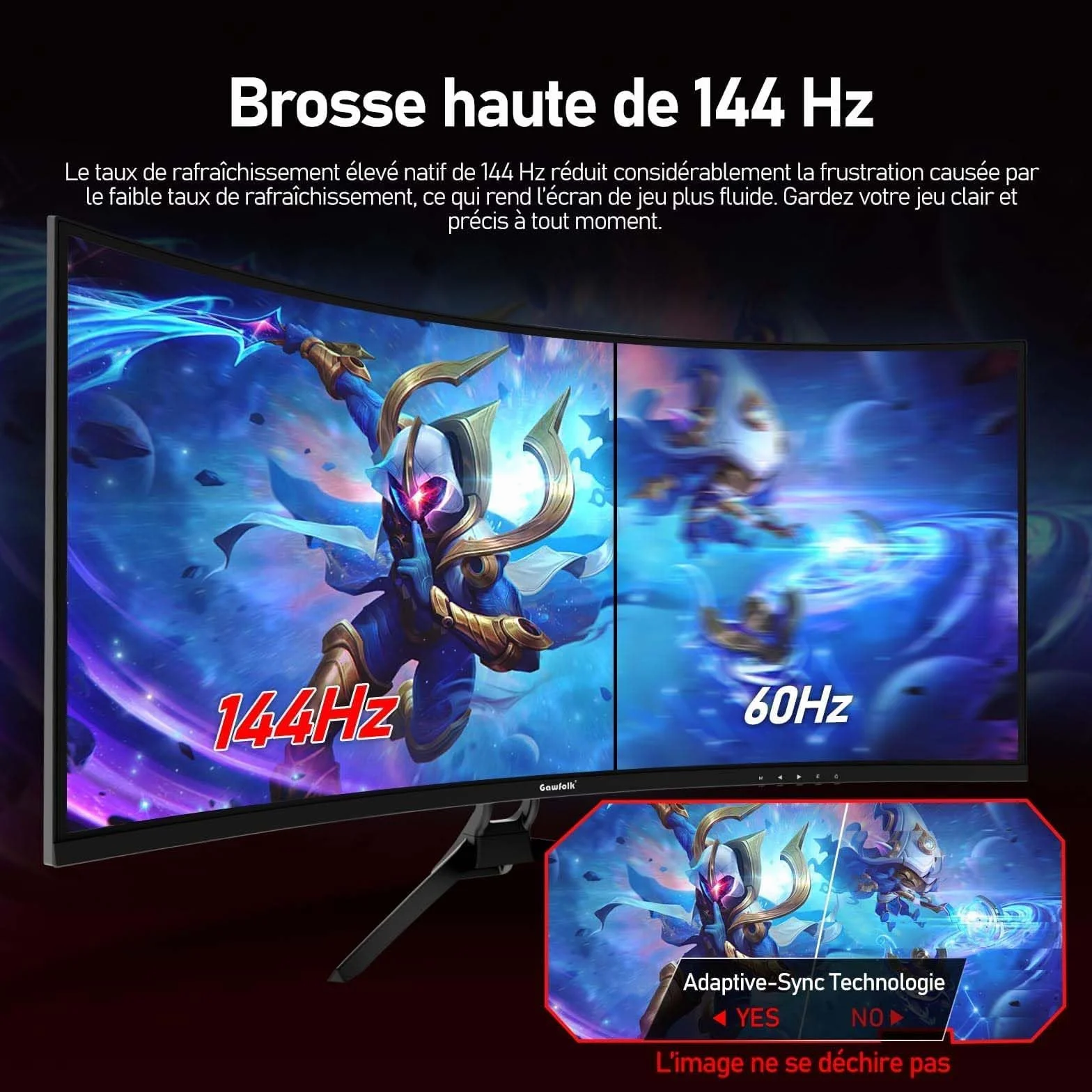 Gawfolk Ultra duży ekran PC 34 cale 1500R zakrzywiony 144 Hz monitor komputerowy do gier, 21:9 UWQHD (3440 x 1440), adaptacyjna synchronizacja, HDR, 178°, kąt widzenia, DisplayPort, HDMI, VESA 75 x 75