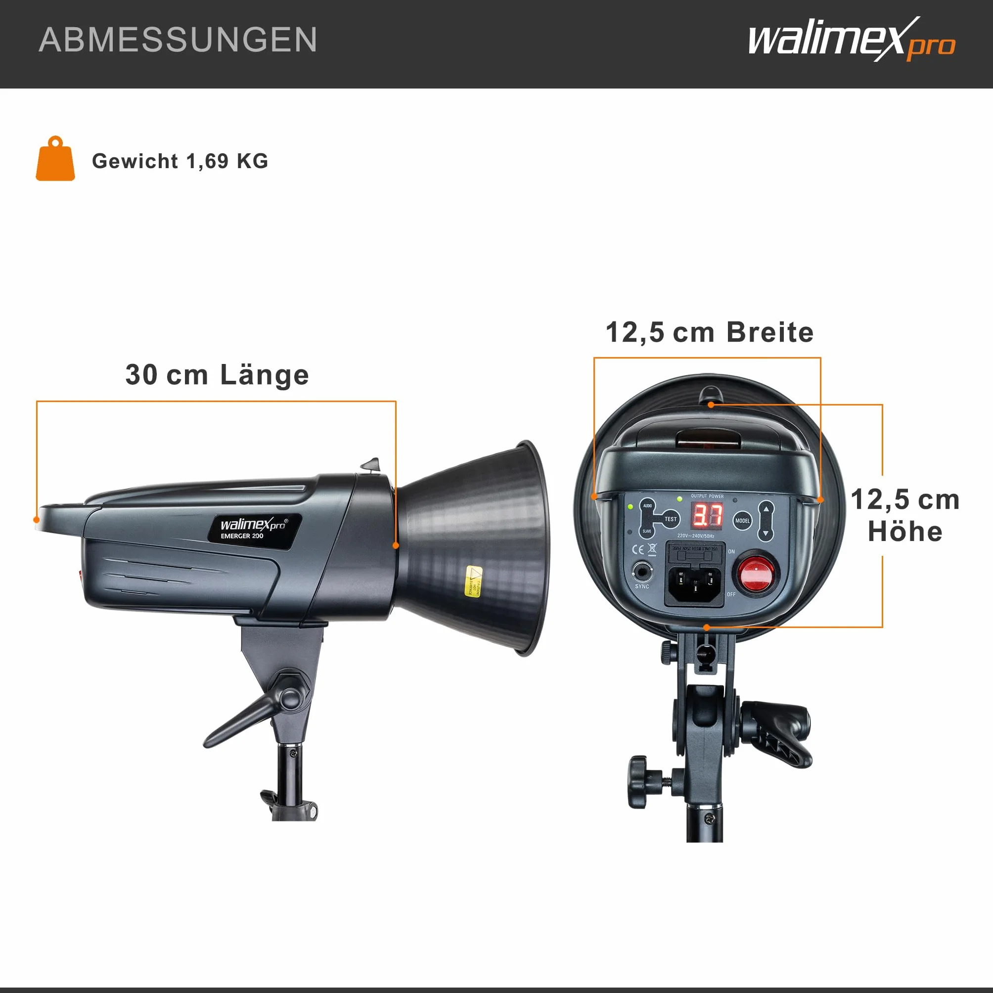 Walimex pro Emerger 200 studyjna lampa błyskowa – wydajna lampa błyskowa studyjna z odbiornikiem 2,4 GHz, 200 W, krótki czas ładowania, światło LED do regulacji, 16 kanałów i 4 grupy, kompaktowa i