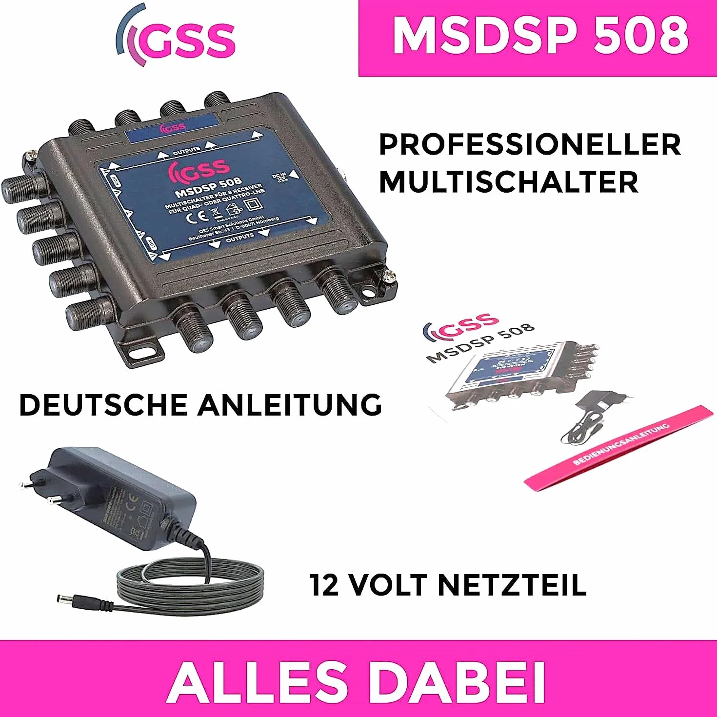 GSS Multiprzełącznik 5/8 z zasilaczem - 8 uczestników 1 satelita, matryca, multiswitch do anteny satelitarnej, cyfrowy HDTV 4K 8K, telewizor, zestaw satelitarny, odbiornik - rozdzielacz satelitarny,