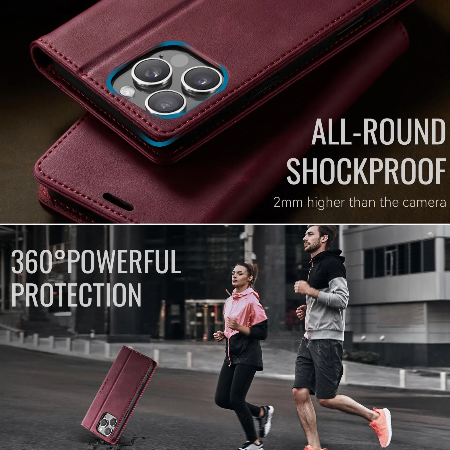 Etui Portfelowe do iPhone 16 Pro z Klapką Etui ze Skóry PU Premium Portfel Przegródki na Karty Mgnetyczne Funkcja Stojaka, Blokada RFID, Etui na Telefon iPhone 16 Pro, Czerwony