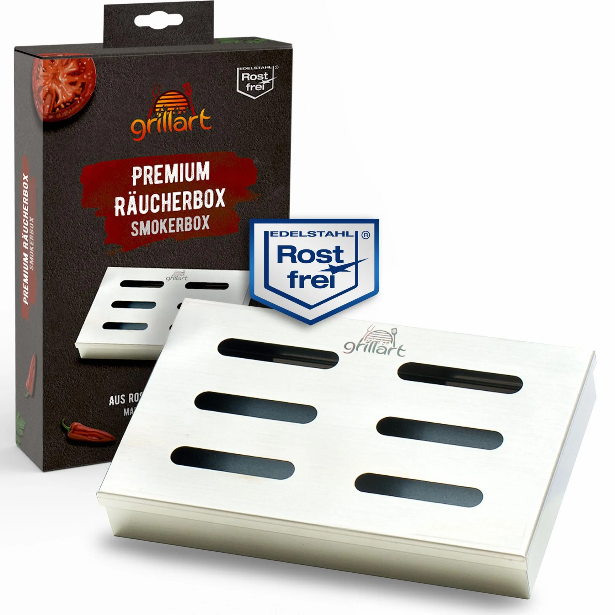 grillart® Oryginalne pudełko do wędzenia BBQ ze 100% stali nierdzewnej / pudełko na aromat / akcesoria do grilla gazowego, kulistego i grilla na węgiel drzewny / wymiary 21 x 13 x 3,5 cm