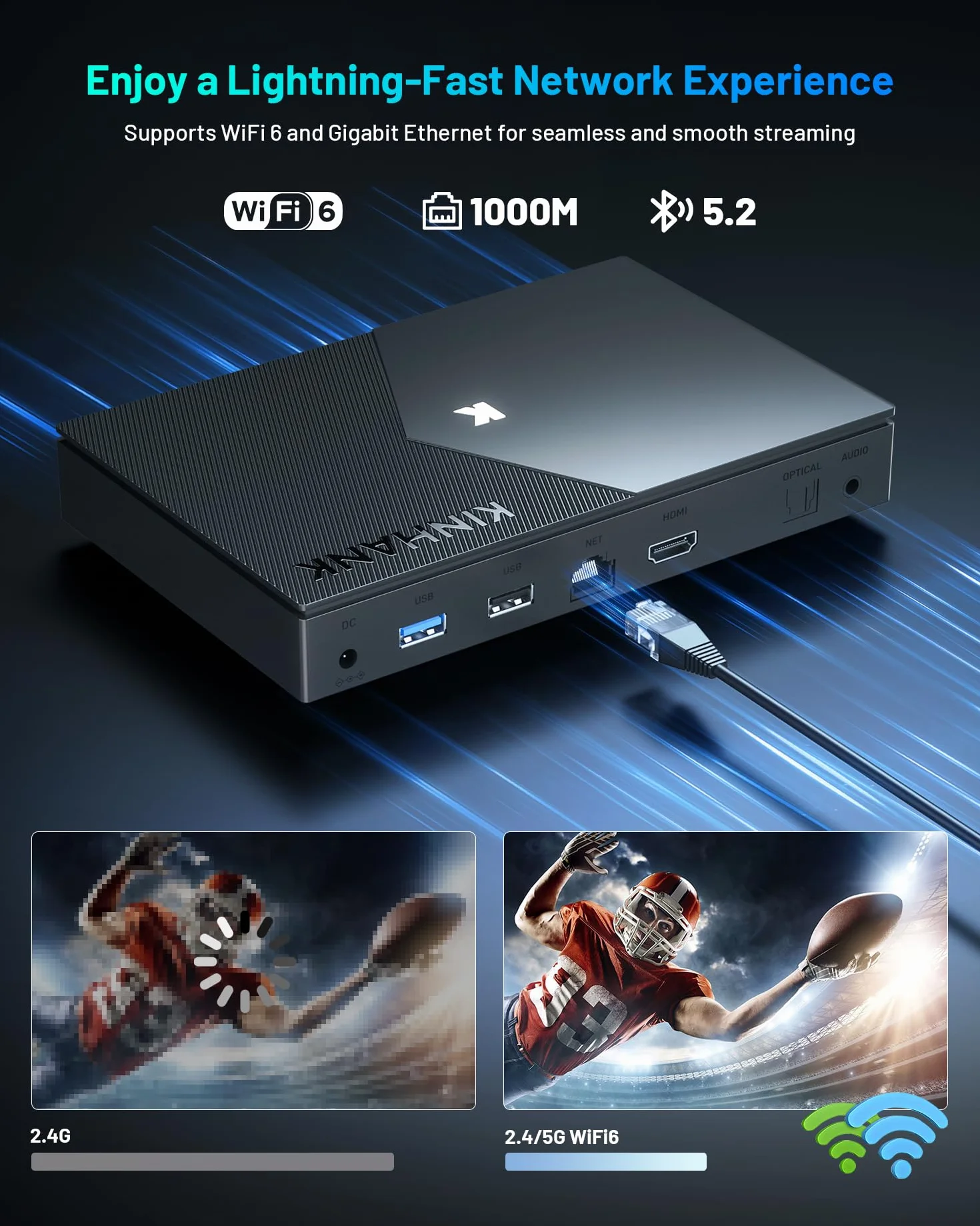 Kinhank 8K Android TV Box compatible with Dolby Vision·Atmos/DTS X/HDR10+, 4GB RAM 64GB ROM Odtwarzacz Multimedialny 8K@60fps/AV1/BD Format,WiFi6/1000M LAN/BT5.2/HDMI 2.1/USB3.0, Widevine L1, AI PQ/SR