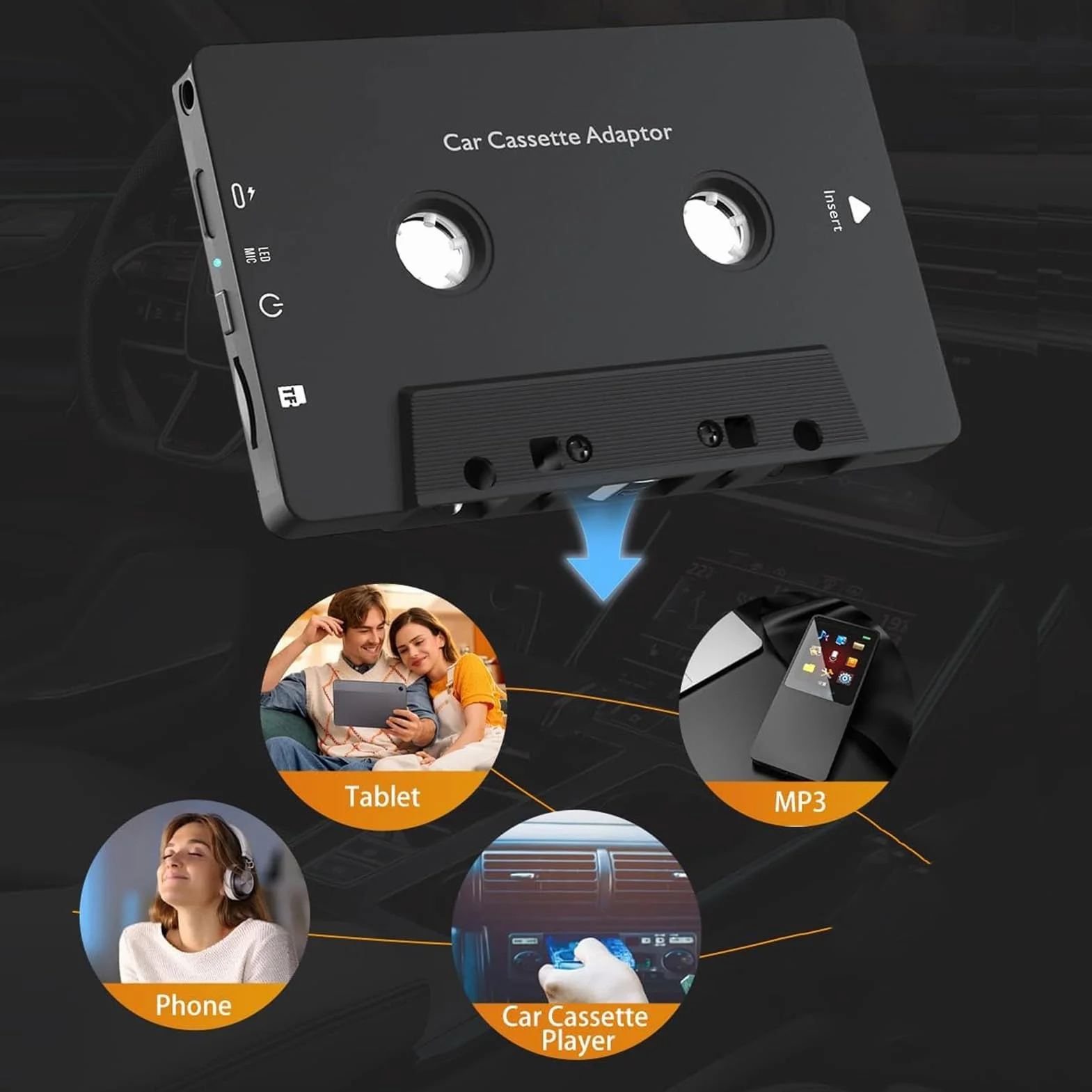 Asixxsix Car Audio Odbiornik Kasetowy Bluetooth 5.4, Bezprzewodowy Adapter Kasetowy Aux z Pilotem na Kierownicy, do Smartfonów, Tabletów, Karty MP3 TF