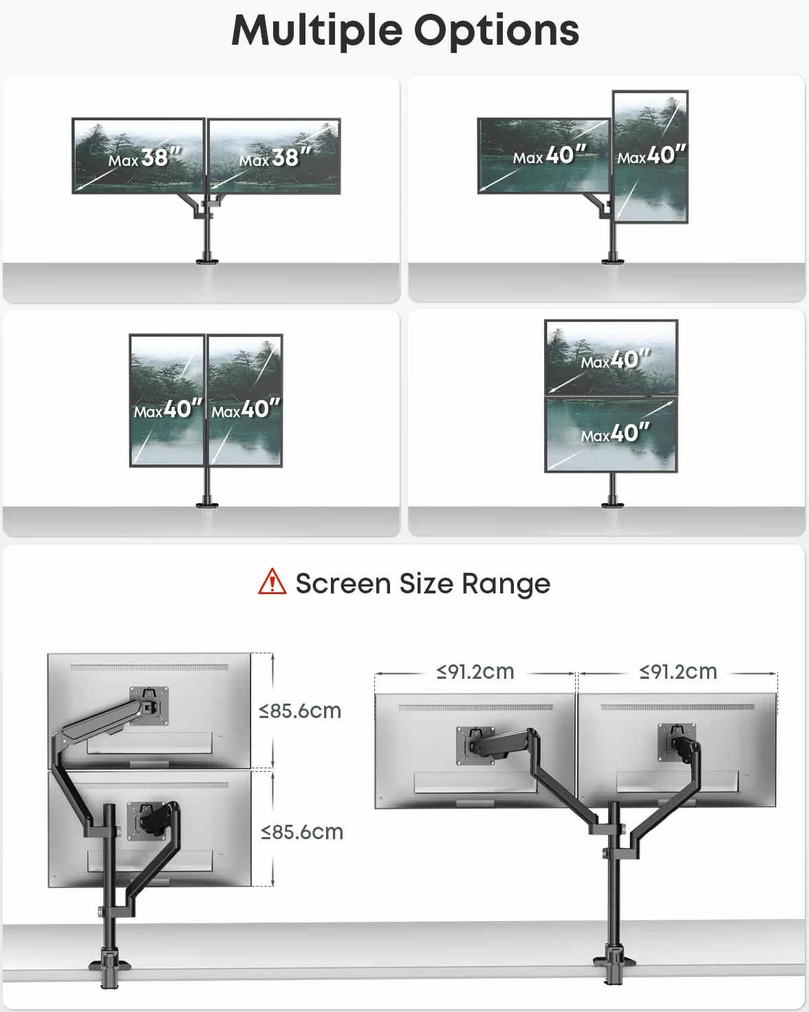 Podwójne ramię do monitorów 17-40 cali, gazowe, pełny ruch | Ergonomiczny design, precyzyjne ustawienie, stabilny & solidny, oszczędność miejsca, 12 kg na ramię, VESA 75/100, Czarny