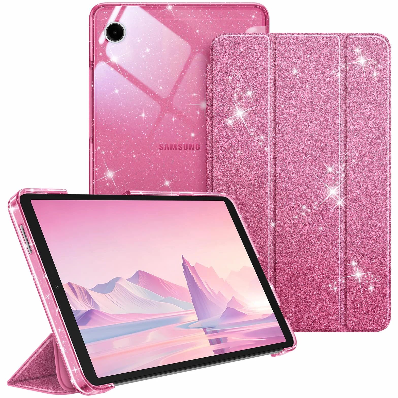 Fintie Etui do tabletu Samsung Galaxy Tab A11 8,7" 2025 / Tab A9 8,7 cala, ultra cienkie etui ochronne z przezroczystą tylną stroną, brokatowe różowe