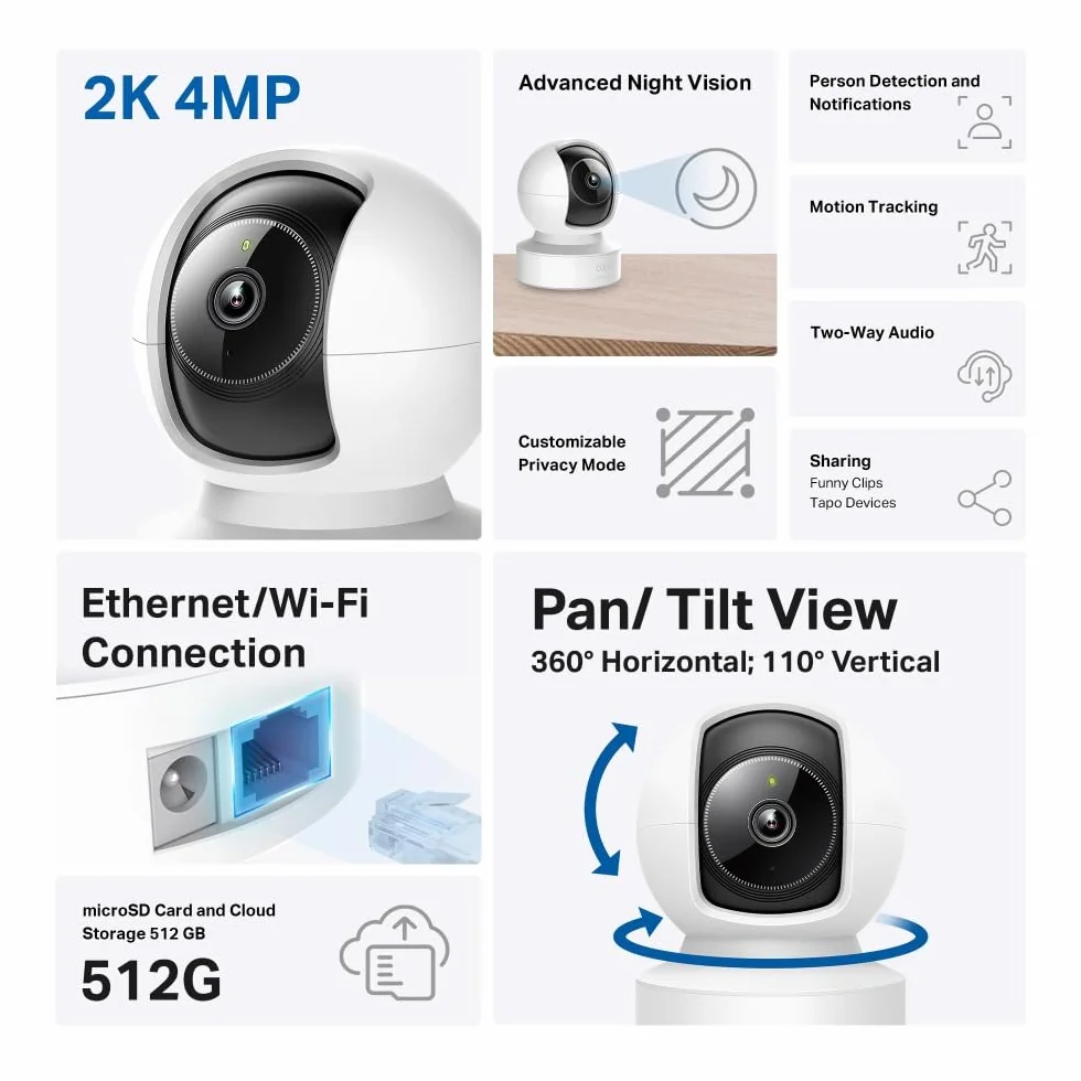 TP-Link Tapo C222 | Kamera Wi-Fi 2K QHD Pan/Tilt z funkcją śledzenia ruchu | Tryb nocny | Inteligentne wykrywanie | Dwukierunkowe audio | Kompatybilna z Alexa i Google Home