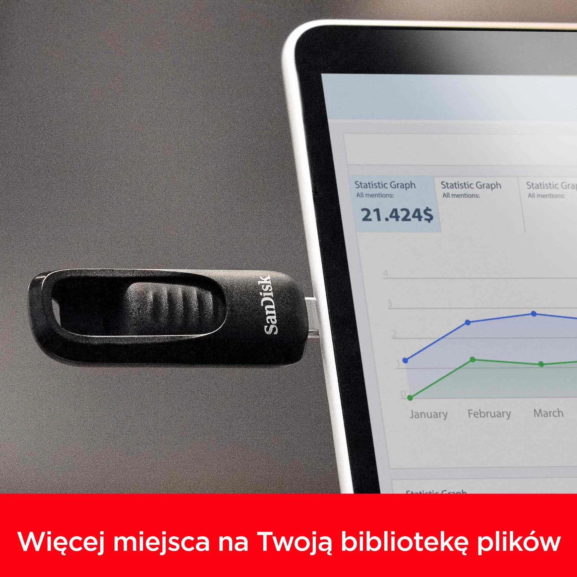 SanDisk Ultra Slider Pamięć Flash USB Typu C 512 GB, Duża Wydajność, Prędkość Odczytu Do 400 MB/s, USB 3.2 Gen 1, Chowane Złącze, Brelok, Czarny