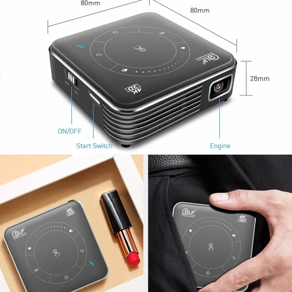 Mini projektor 2000 lumenów LED przenośny HD 1080P 4K z WiFi i Bluetooth - bezprzewodowe lustro 4000 mAh bateria wideo do inteligentnego telefonu (czarny 4 GB)