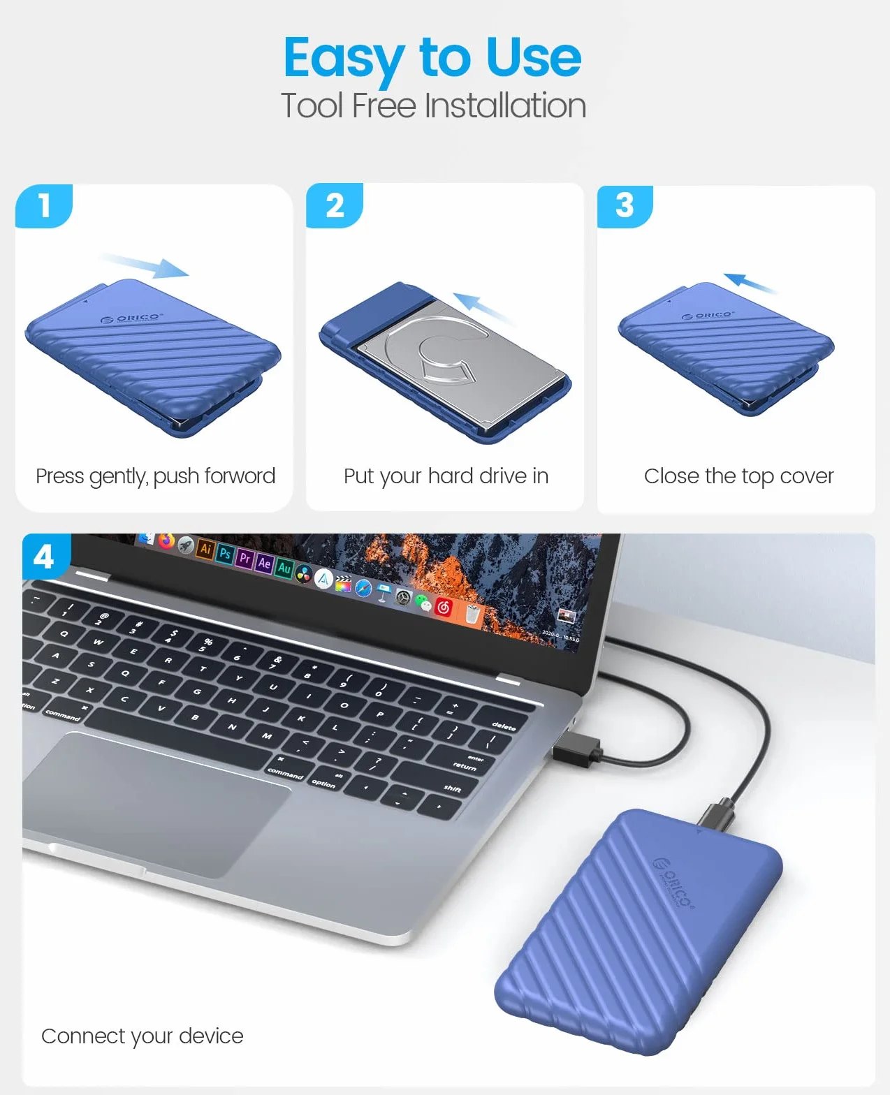 ORICO Obudowa dysku twardego 2,5" USB C USB 3.1 Gen 2 do SATA III, zewnętrzna obudowa dysku twardego do SSD HDD 9,5 7 mm bez użycia narzędzi z UASP, niebieska (25PW1-C3)