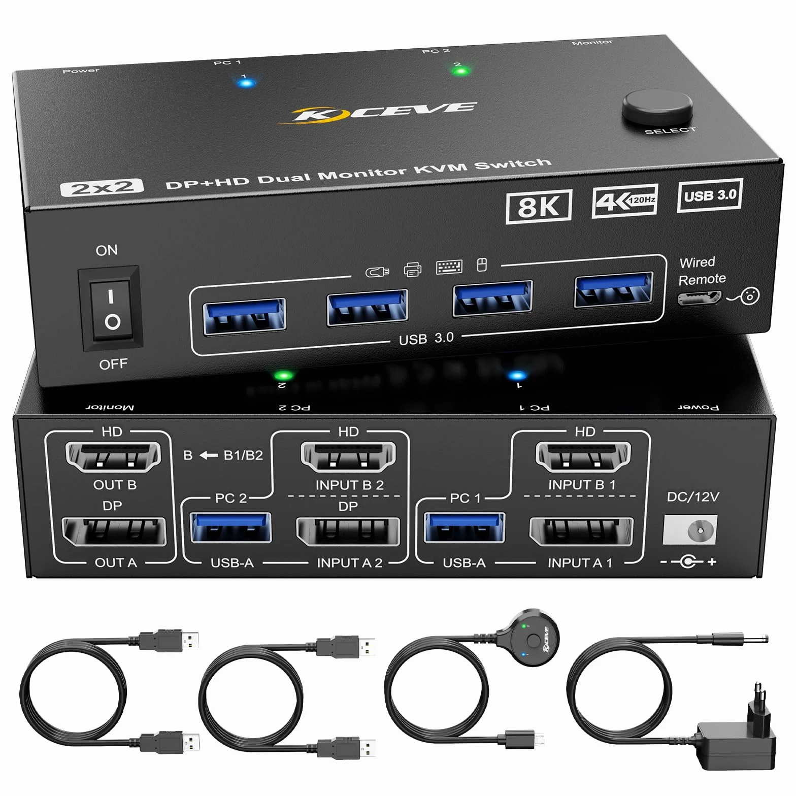 Przełącznik KVM 8K 2 PC 2monitor 8K 60 Hz 4K 144 Hz DP + HDMI Dual Monitor Switch do 2 Monitorów USB 3.0, Pilot Zdalnego Sterowania, Zasilacz 12 V i Kabel USB
