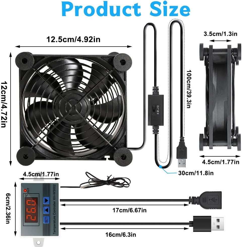 Wentylator komputerowy USB 120 mm z cyfrowym regulatorem temperatury – cichy wentylator chłodzący komputer, podwójne łożyska kulkowe, wentylator obudowy – 3 regulowane wentylatory do CPU