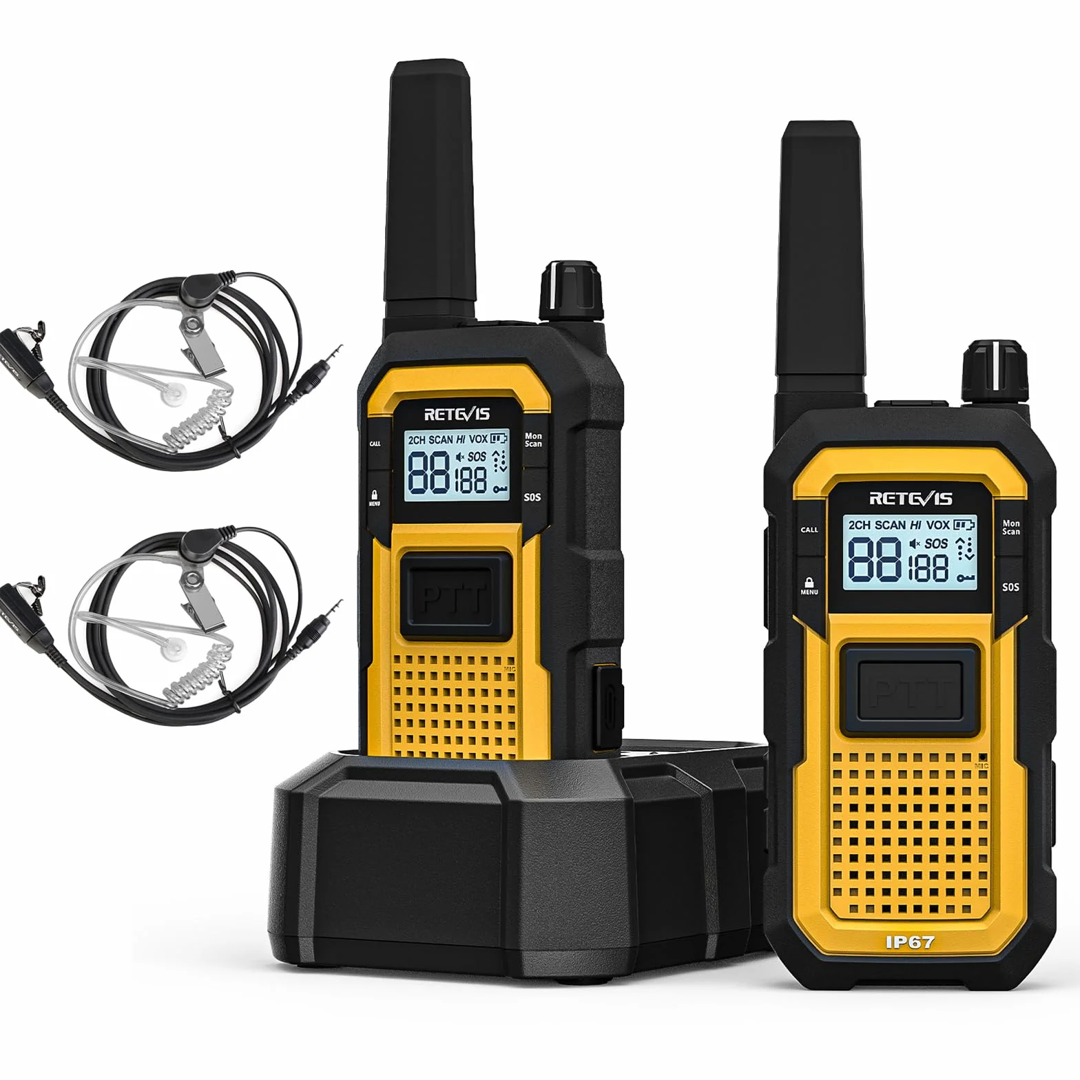 Retevis RB648 Walkie Talkies Wodoodporne, Wytrzymałe Walkie Talkies Przemysłowe, IP67 VOX, SOS 2000mAh Akumulatorowe Krótkofalówka ze Słuchawką na Plac Budowy, Bezpieczeństwo (2 Szt., Żółty)