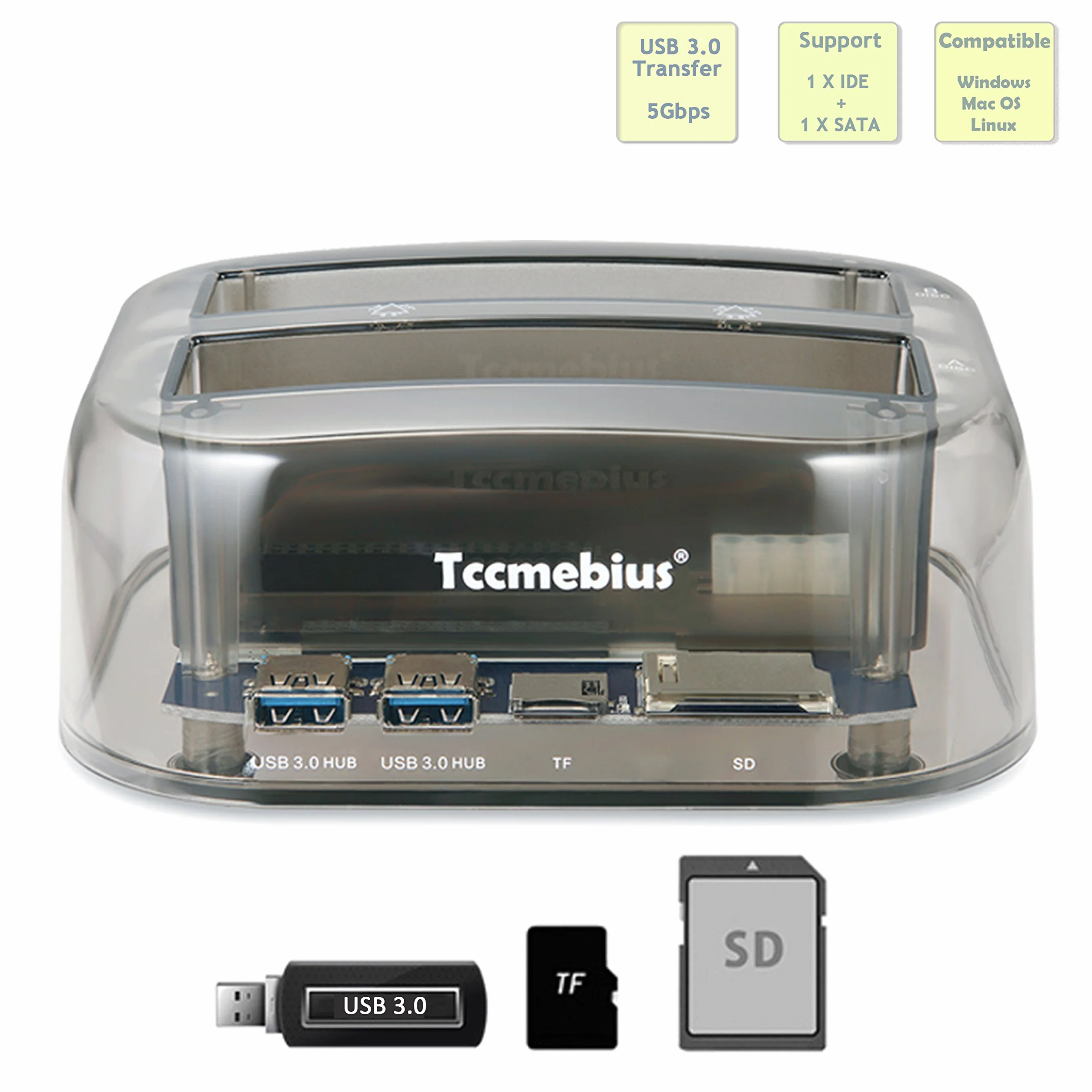 TCC-S865 USB 3.0 do SATA IDE Podwójne Gniazda Zewnętrzna Przezroczysta Stacja Dokująca z Czytnikiem Kart i 2 Portami USB 3.0 Hub Dla 2.5 3.5 Cala IDE SATA I/II/III HDD SSD
