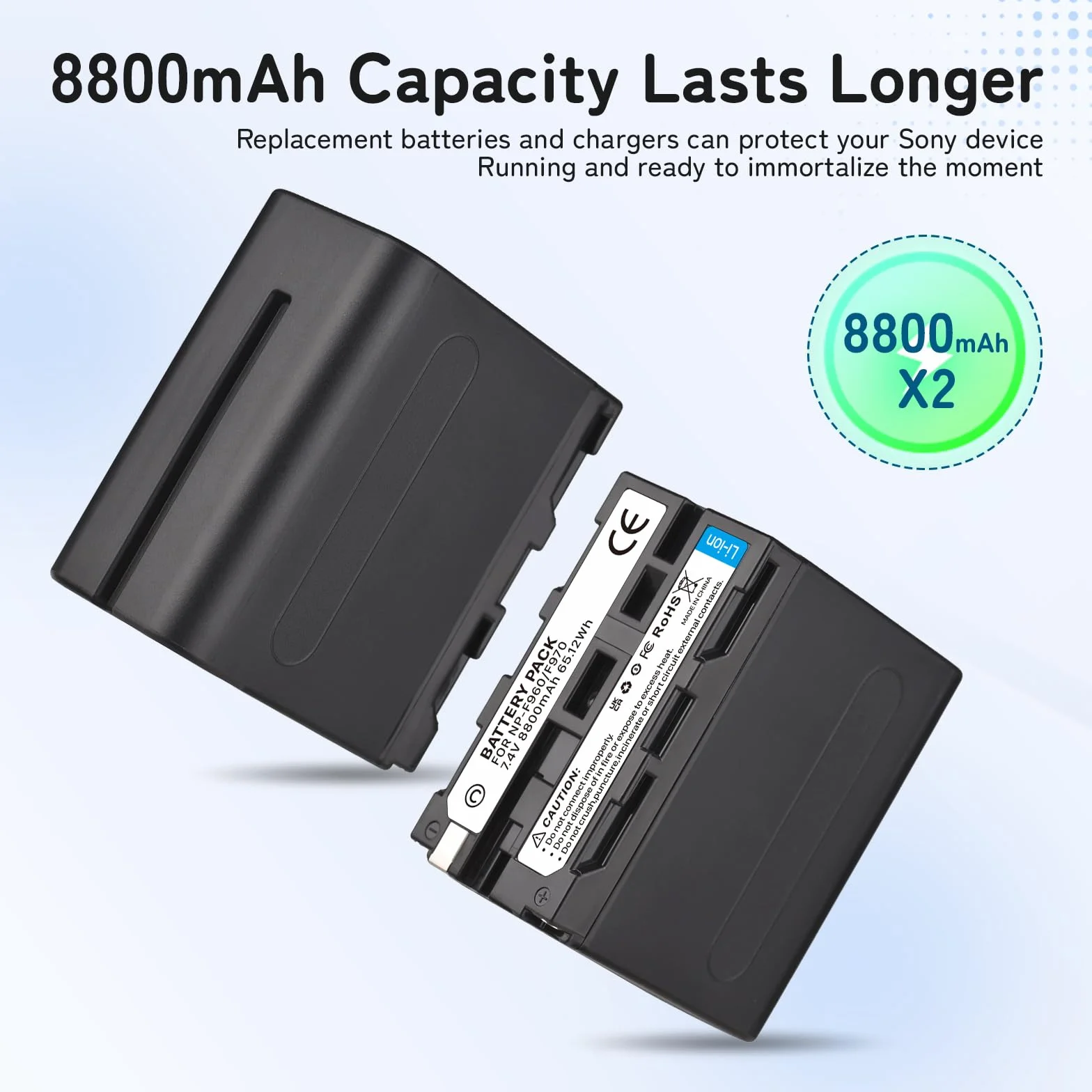 2-pak 8800 mAh akumulator zamienny do Sony NP-F970 i ładowarka USB do Sony NP-F960 NP-F950 NP-F930 NP-F550 NP-F570 NP-F750 baterie do kamer komórkowych, monitorów polowych, oświetlenia wideo