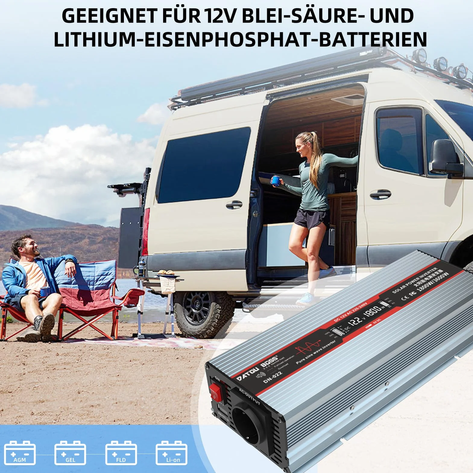 DATOUBOSS Przetwornica napięcia 12 V na 230 V, czysta sinusoidalna przetwornica napięcia 1800 W, moc szczytowa 3600 W z gniazdami UE, portami USB i wyświetlaczem LED, do urządzeń gospodarstwa domowego