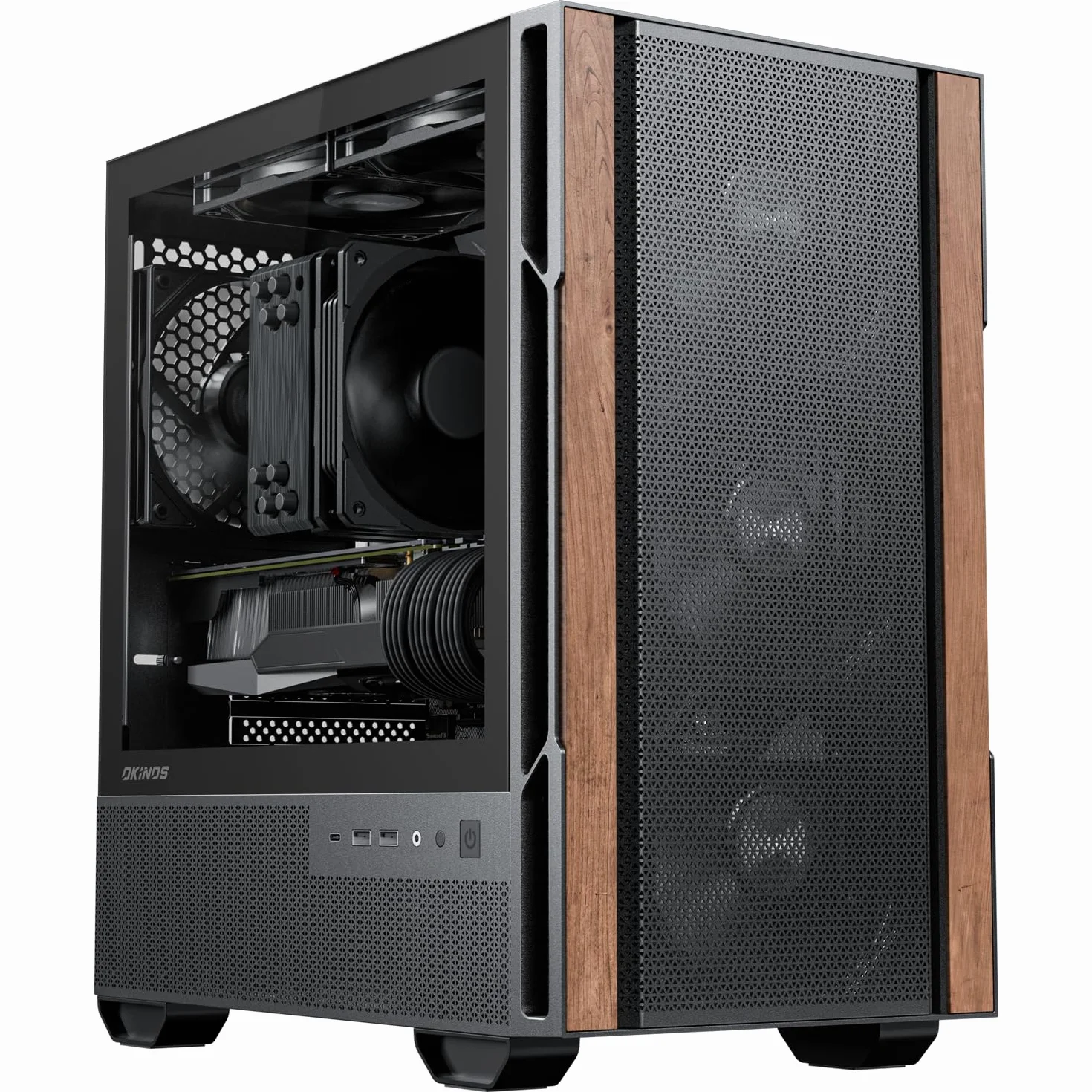 Okinos Drewniana obudowa Micro ATX, 4 × 120 mm 3-pinowe wentylatory bez PWM wstępnie zainstalowane, panel boczny ze szkła hartowanego, z type-C, czarny, cyprys 3 drewno