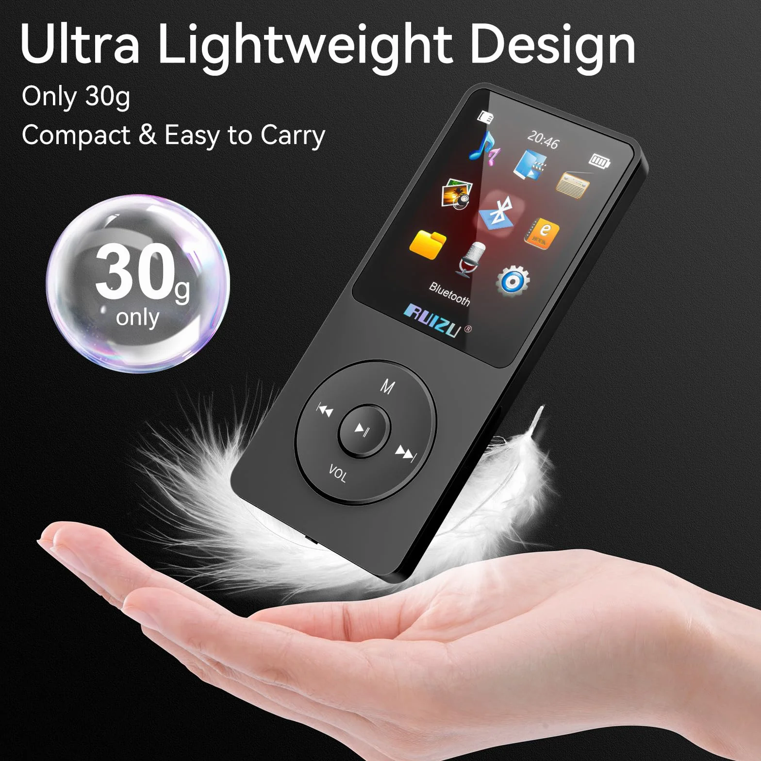 RUIZU 64GB odtwarzacz MP3 z Bluetooth 5.3, 1,8-calowy ekran, przenośny odtwarzacz muzyki, radio FM, nagrywanie głosu, 80H odtwarzanie audio i wideo, obsługa 128GB, kolor czarny