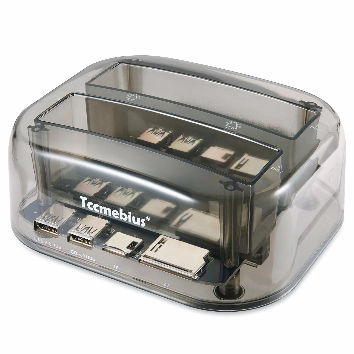 TCC-S865 USB 3.0 do SATA IDE Podwójne Gniazda Zewnętrzna Przezroczysta Stacja Dokująca z Czytnikiem Kart i 2 Portami USB 3.0 Hub Dla 2.5 3.5 Cala IDE SATA I/II/III HDD SSD