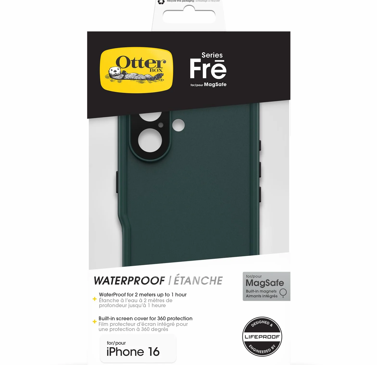 OtterBox Frē Series MagSafe Etui do iPhone 16, Wodoodporne (IP68), Etui z Wbudowanym Zabezpieczeniem Ekranu, Przetestowane 5 Razy Zgodnie ze Standardami Wojskowymi, Zielone