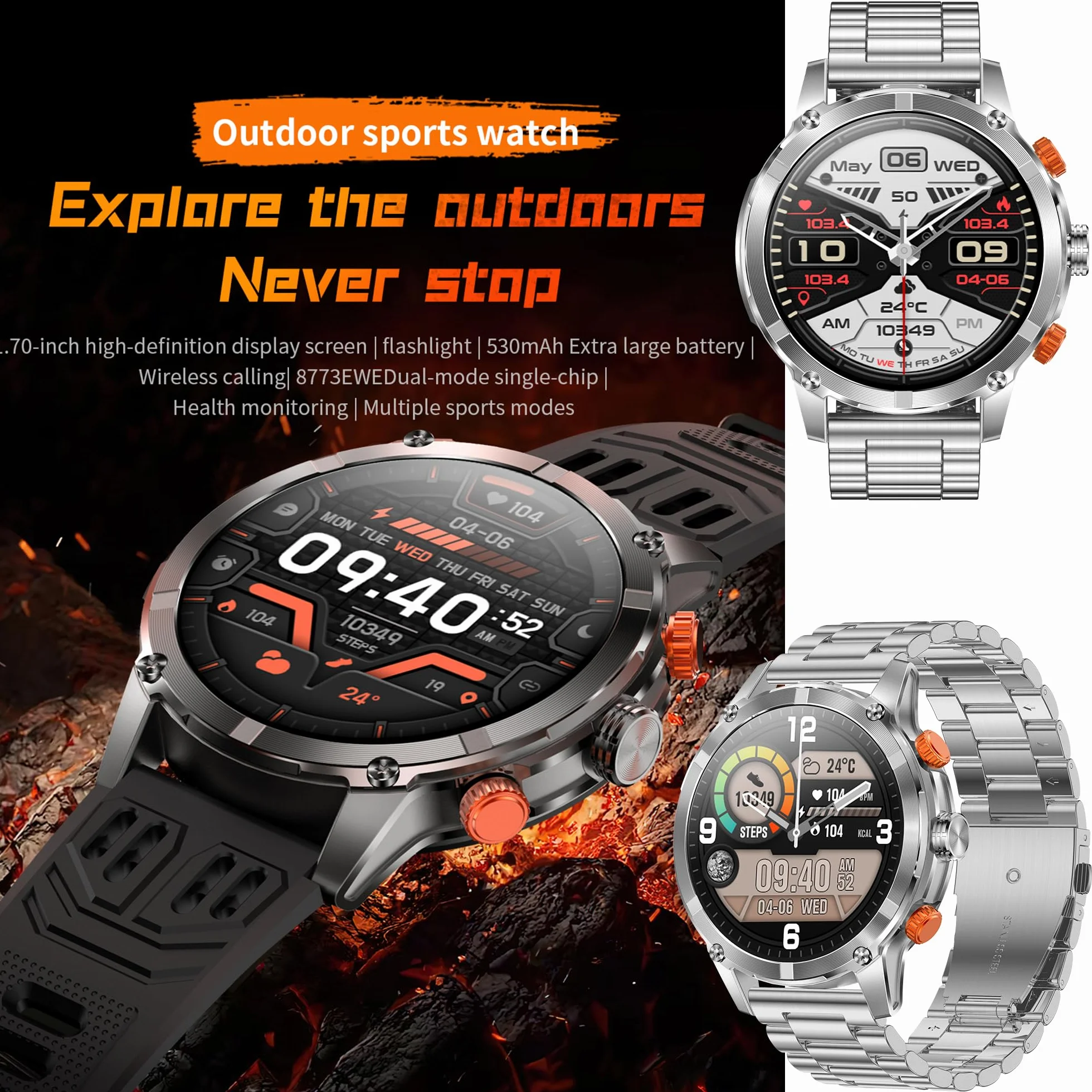 Smartwatche Mężczyzna z Funkcje Telefonu Bluetooth, Bateria 530 mAh, Sportowy Smartwatch 1,7" AMOLED ze 110+ trybami Sportowymi, Pomiarem Tętna, SpO2, Wodoodpornością dla Android iOS (srebrny)