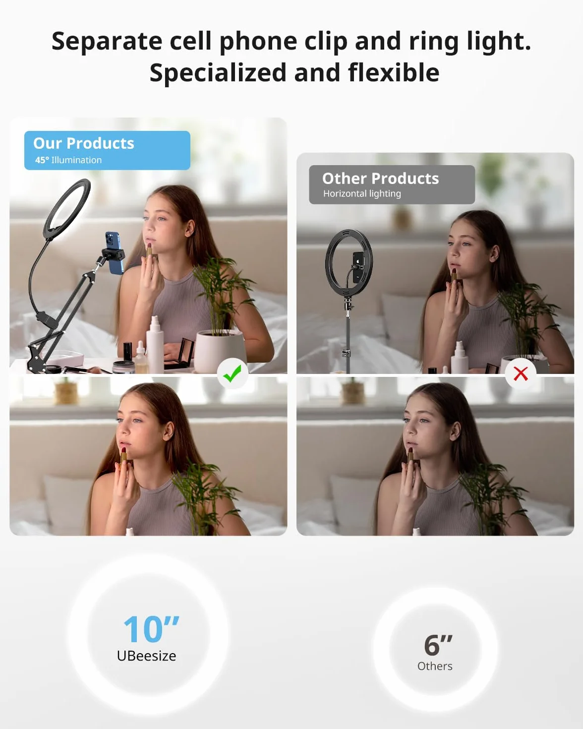 UBeesize Statyw pierścieniowy 10" na telefon komórkowy, elastyczny wąż, statyw do telefonu komórkowego z lampką pierścieniową, uchwyt na kamerę na YouTube, TikTok, Live Stream, gotowanie