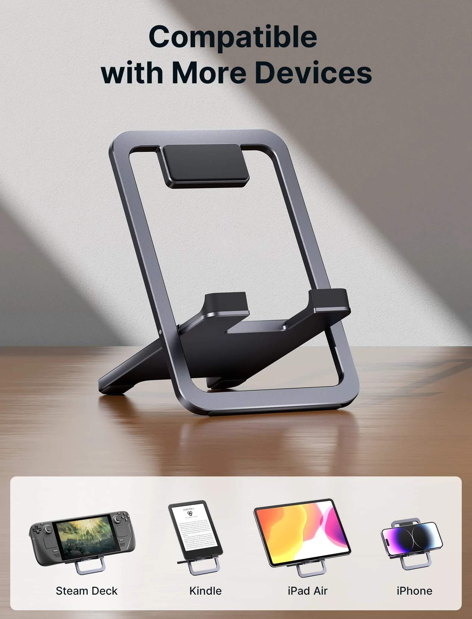 JSAUX Uniwersalny stojak na tablet, przenośny składany uchwyt na tablet na biurko kompatybilny z iPadem Mini, Samsung Galaxy Tab, Kindle, Steam Deck OLED, Switch, ROG Ally X, iPhone i innymi tabletami | Łatwy do przenoszenia, rama ze stopu, antypoślizgowa