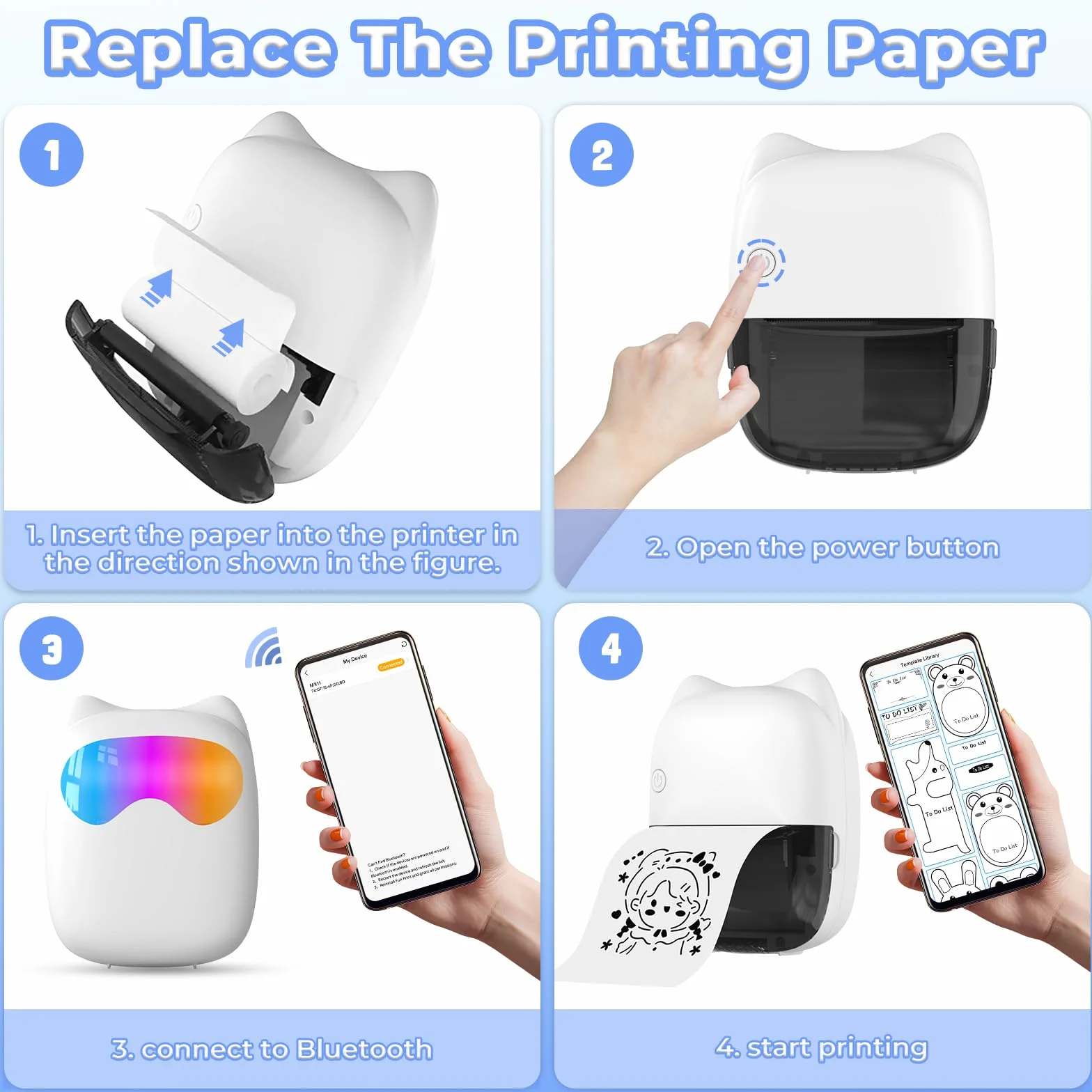 Mini drukarka 3D do smartfona, bezprzewodowa drukarka fotograficzna Bluetooth, kompatybilna z systemem Android i iOS, 14 rolek papieru do notatek, dzienników, listy