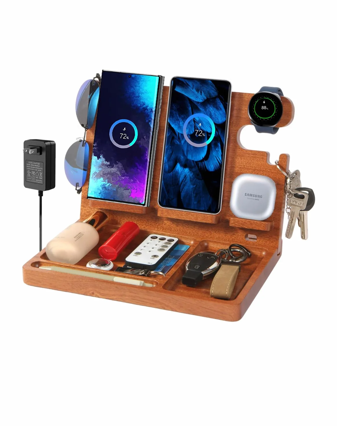 Organizer na biurko z 4 bezprzewodowymi stacjami ładującymi do urządzeń Samsung, podwójna bezprzewodowa ładowarka 27 W, szybkie ładowanie 2 telefonów, Galaxy Watch 8/7/6/5/4/3/2, pudełko TWS