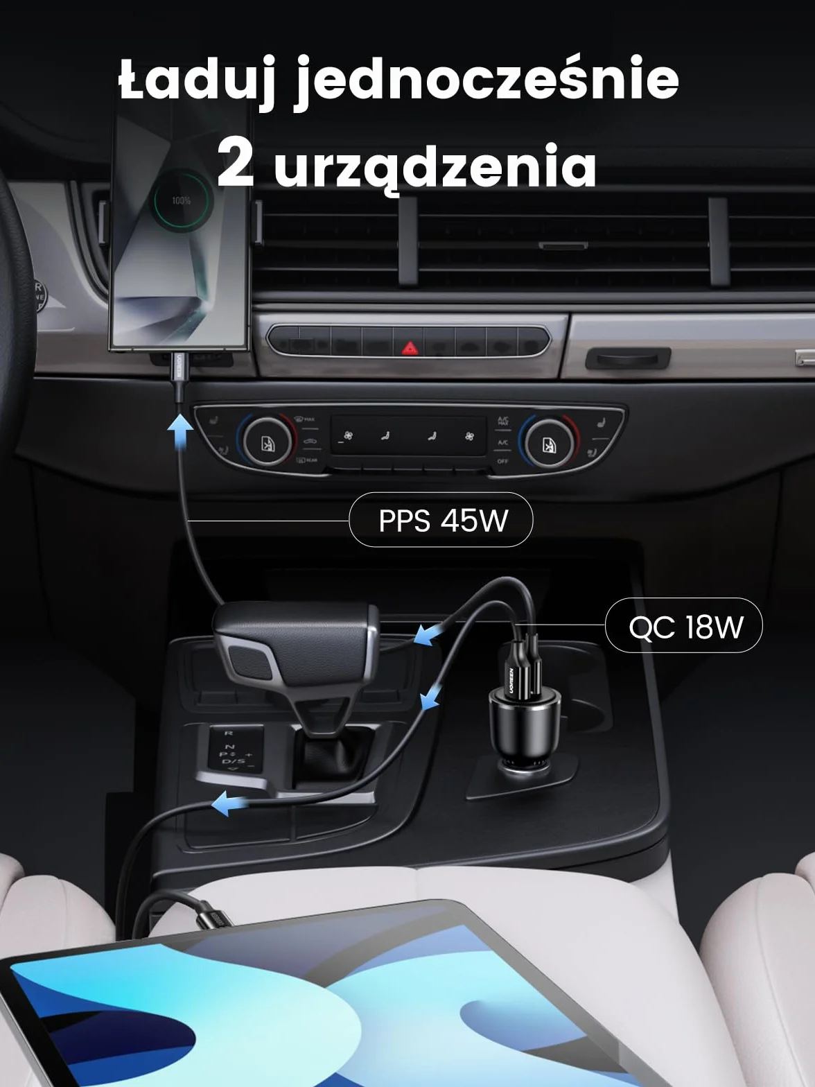 UGREEN Zapalniczka USB 63 W 45 W + 18 W Ładowarka samochodowa USB C 12 V PPS Kompatybilna z iPhone17/16/15 MacBook Air, S25, S24 nawigacją GPS itp