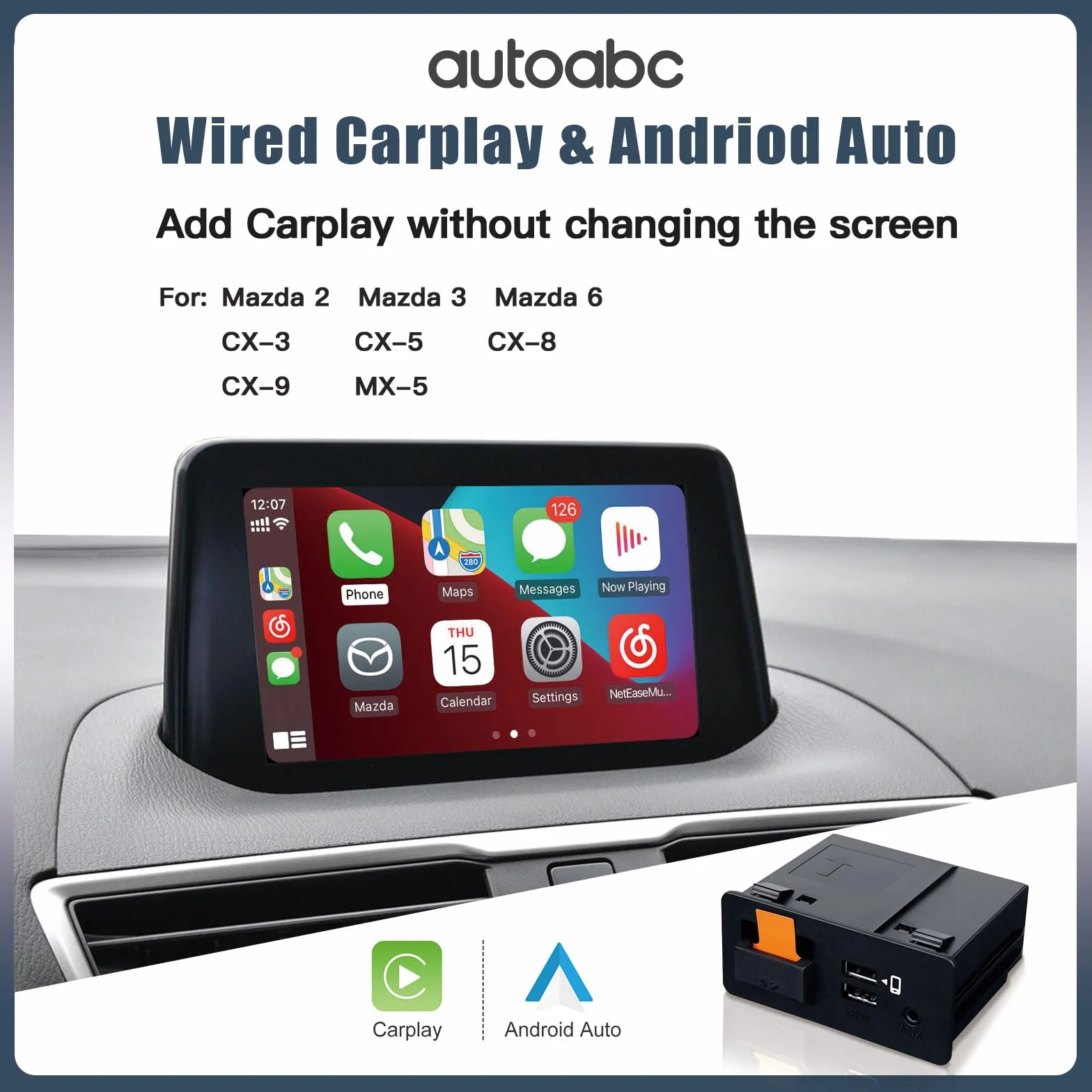 Carplay/Android adapter samochodowy do Mazda 2/3/6/CX3/CX5/CX9/MX5/FIAT 124 2014-2021 TK78-66-9U0C OEM Retrofit Kit pasujący do systemu Connect 0008FZ34
