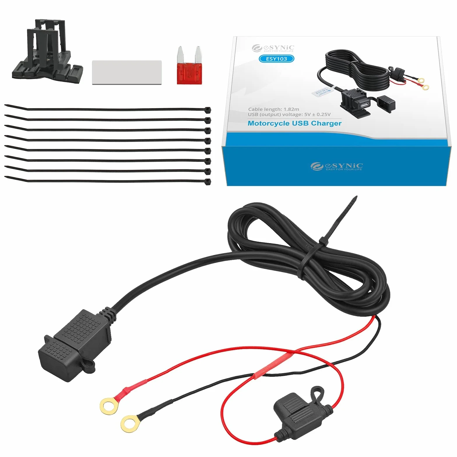 eSynic Profesjonalna ładowarka motocyklowa USB - wodoodporne gniazdo 1,82 m do telefonu, GPS, uniwersalna ładowarka motocyklowa 12/5 V