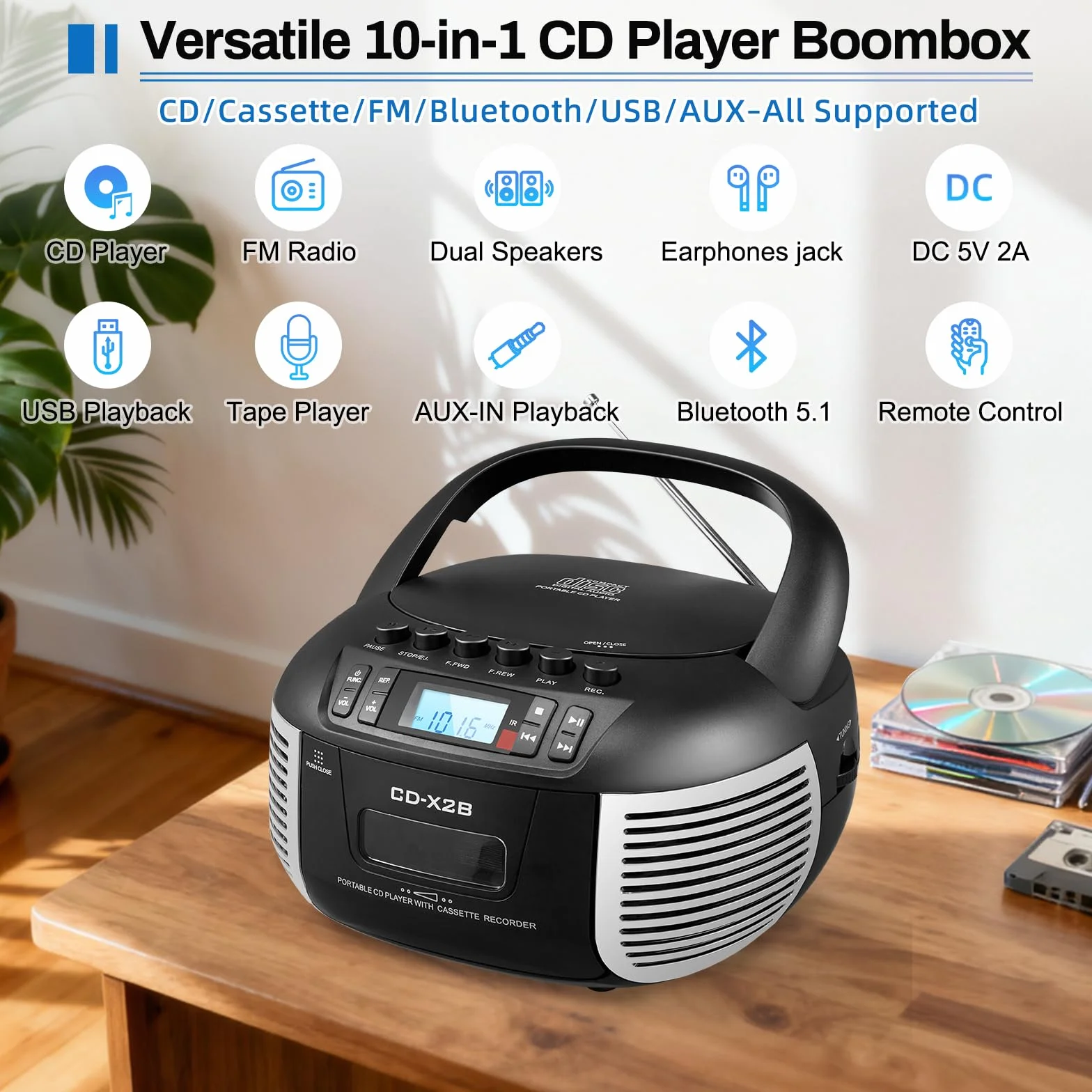 Zestaw odtwarzaczy CD i kasetowych, odtwarzacz CD Boombox z radiem FM/Bluetooth/AUX/USB/nagrywanie taśmy, pilot zdalnego sterowania, gniazdo słuchawkowe, wyświetlacz LCD, podwójny dźwięk