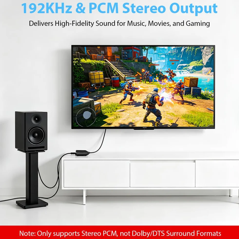 Ekstraktor audio HDMI ARC, 192 kHz HDMI adapter optyczny na 3,5 mm konwerter rozdzielacz ARC, RCA L/R 3,5 mm AUX Stereo do HDTV na soundbar